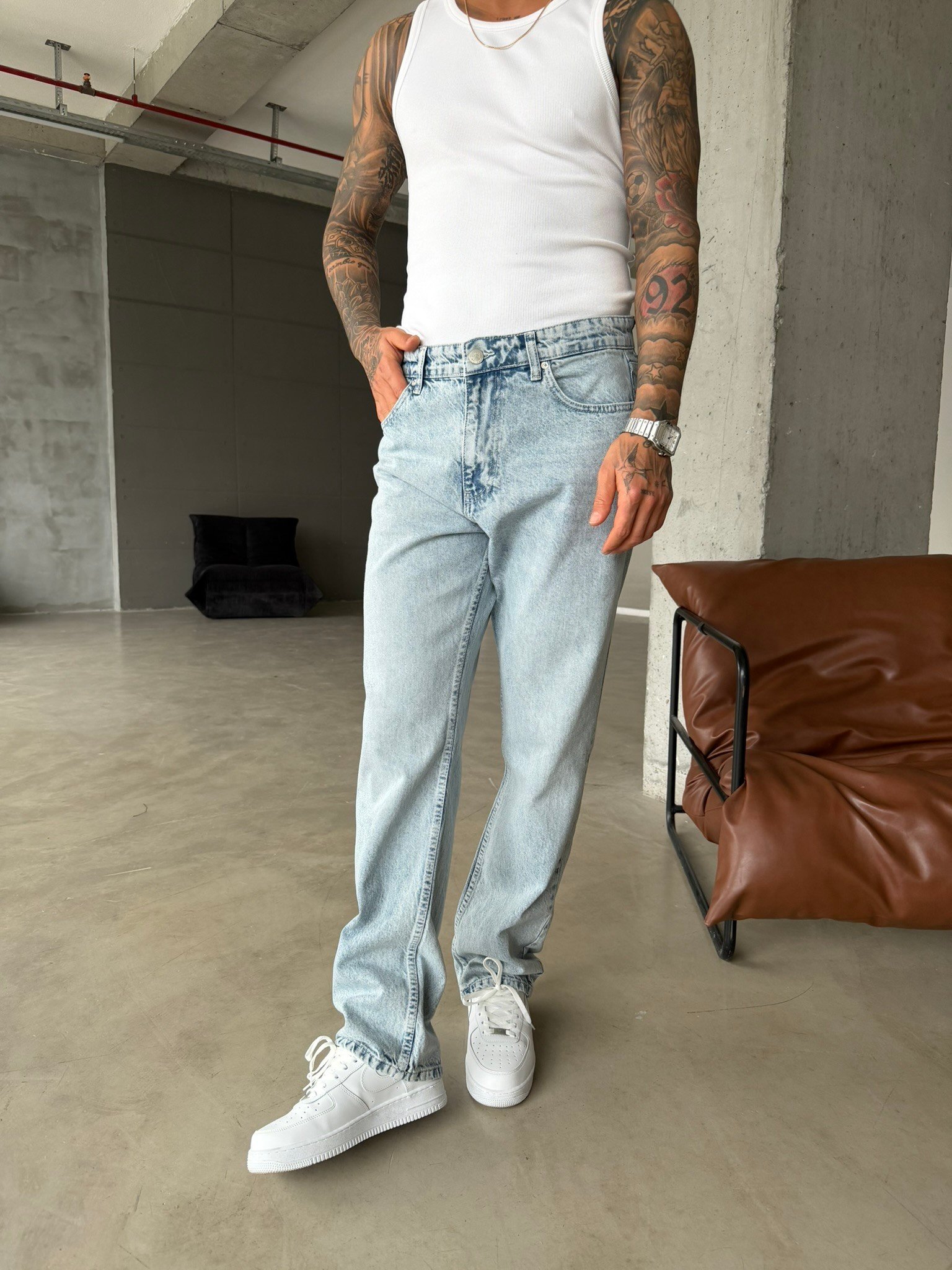 Düz Basic Detaylı Baggy Fit Pantolon - Buz Mavi