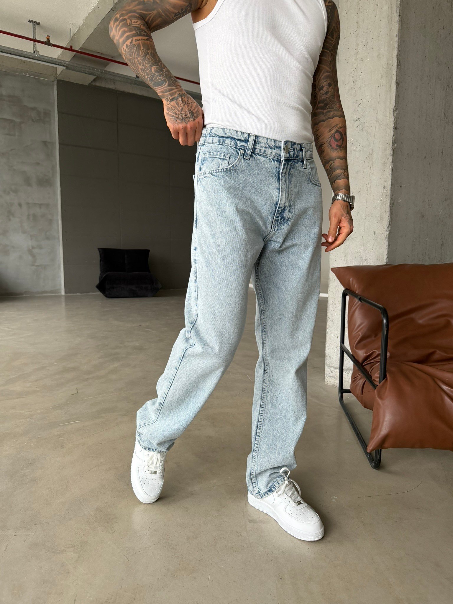 Düz Basic Detaylı Baggy Fit Pantolon - Buz Mavi