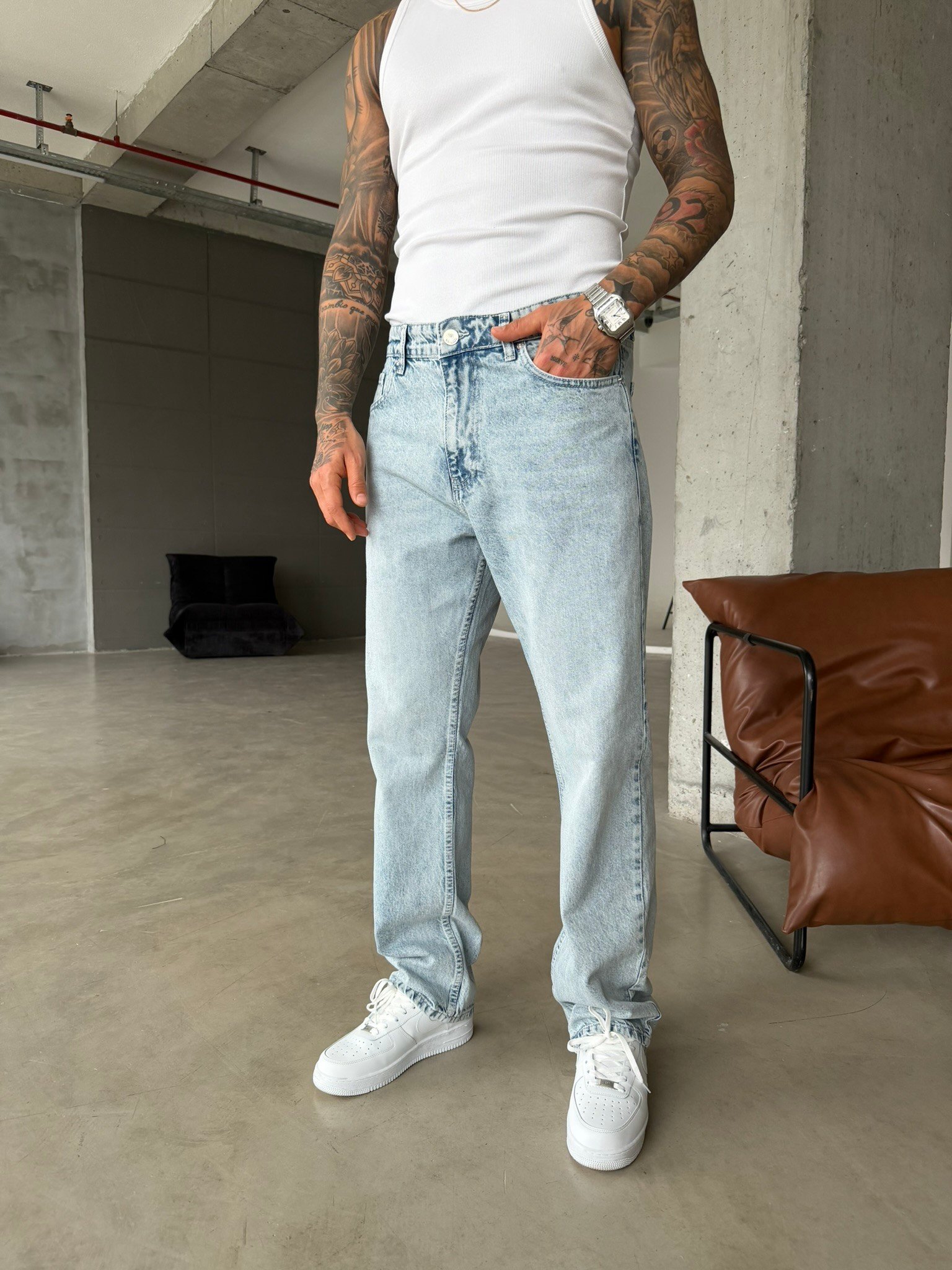 Düz Basic Detaylı Baggy Fit Pantolon - Buz Mavi