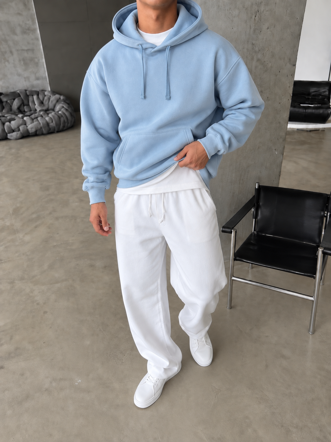 Düz Basic Kapüşonlu Sweatshirt - Bebe Mavi
