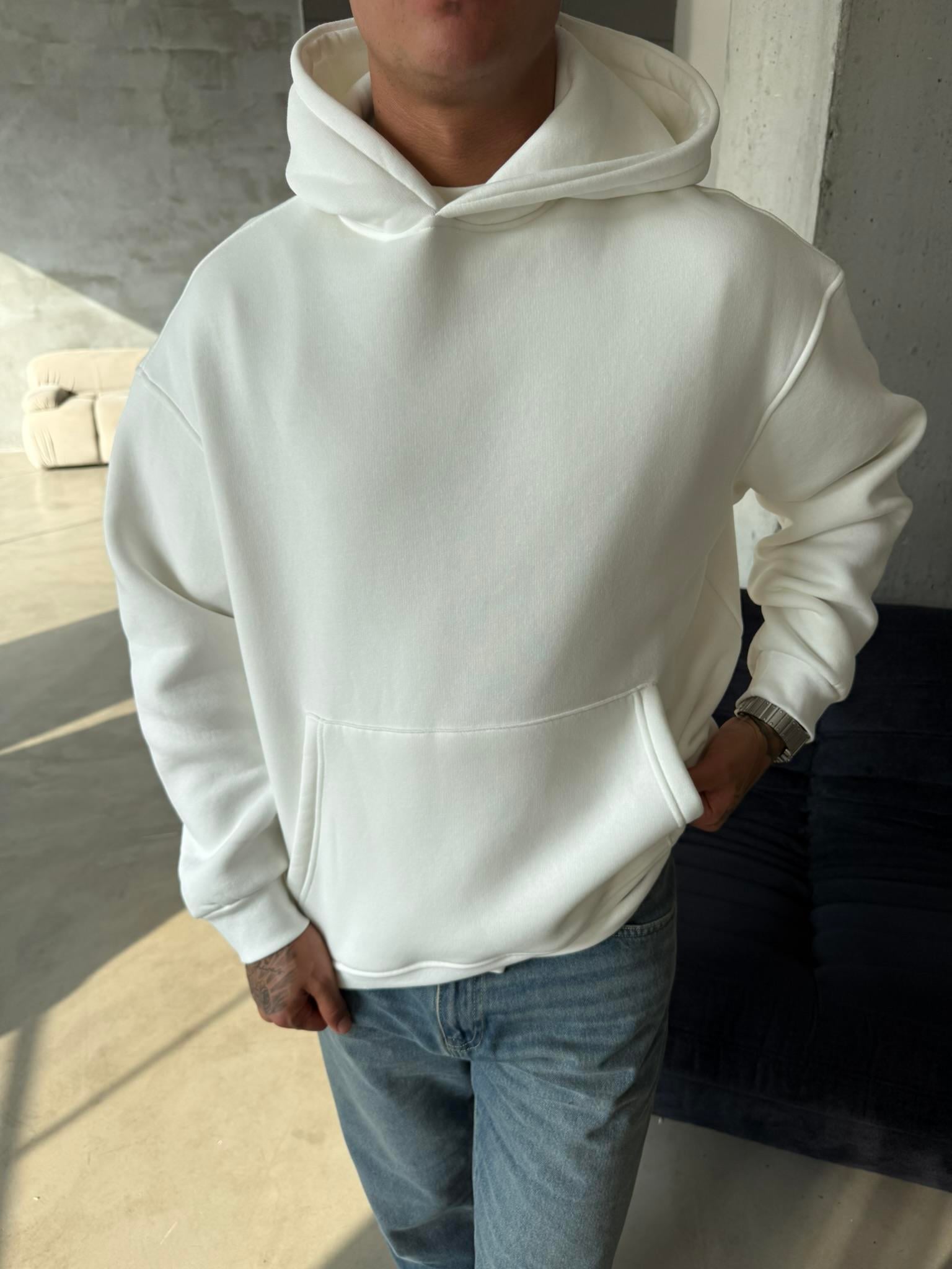 Düz Basic Kapuşonlu Sweatshirt - Beyaz