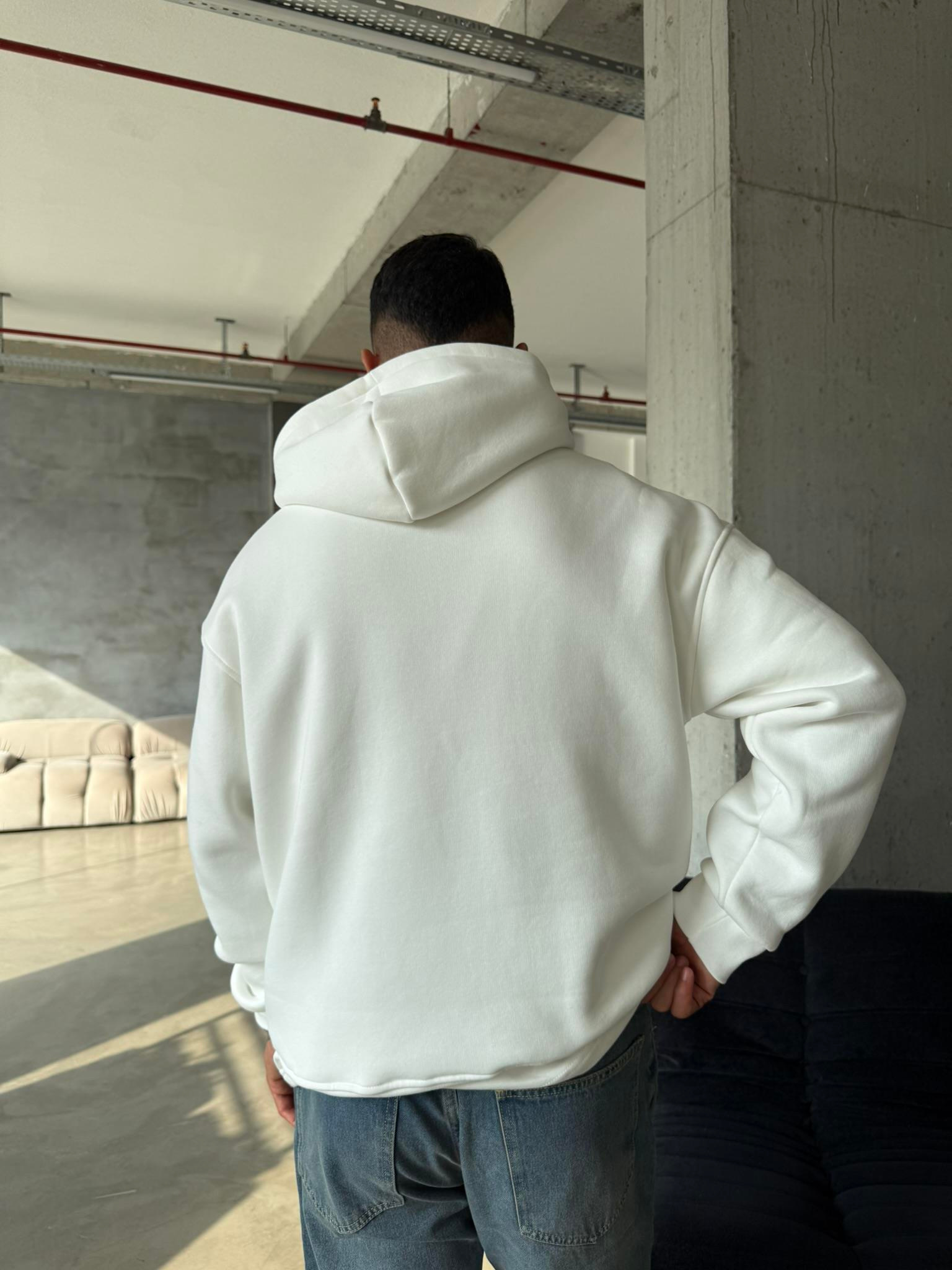 Düz Basic Kapuşonlu Sweatshirt - Beyaz