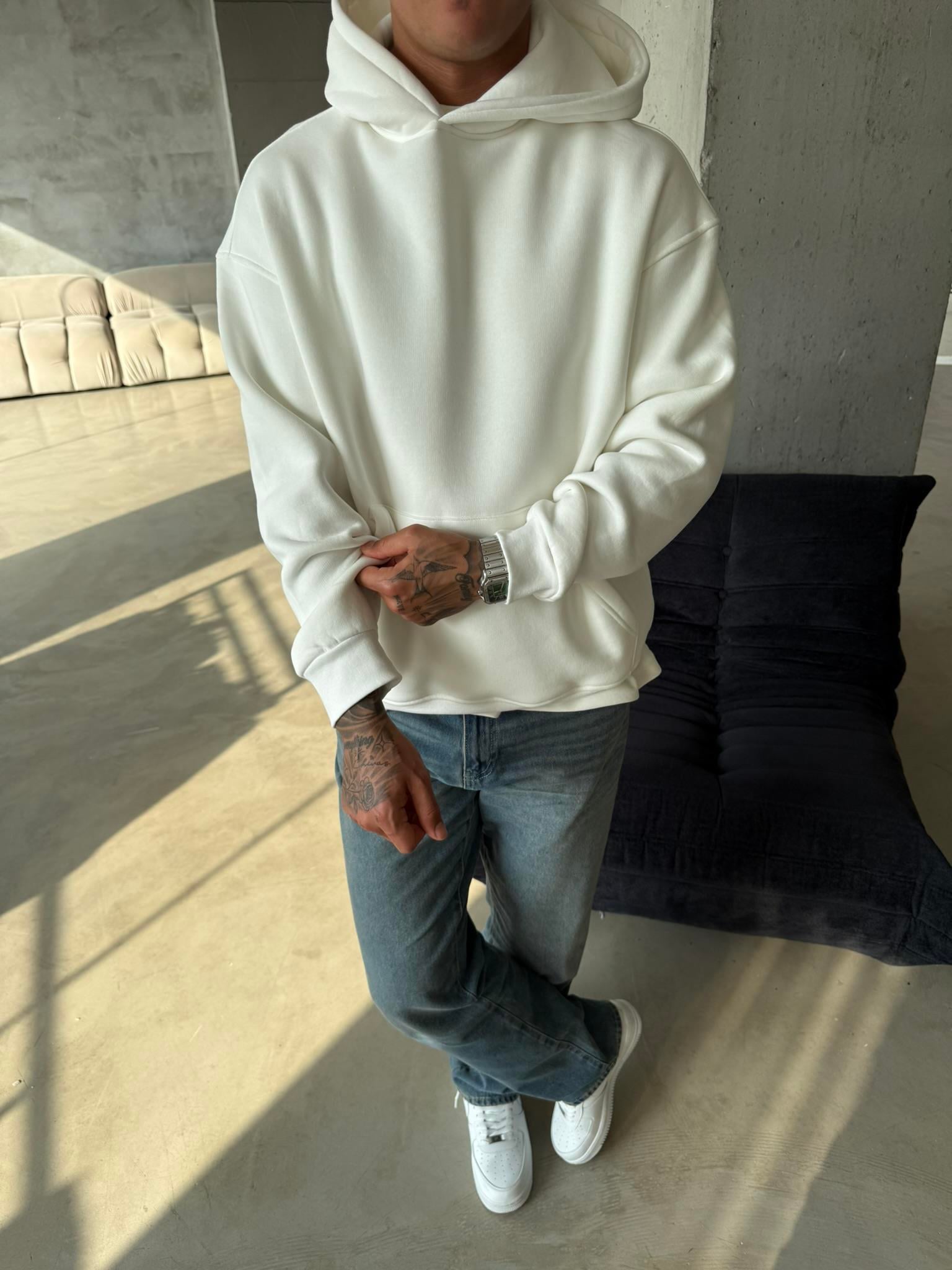 Düz Basic Kapuşonlu Sweatshirt - Beyaz