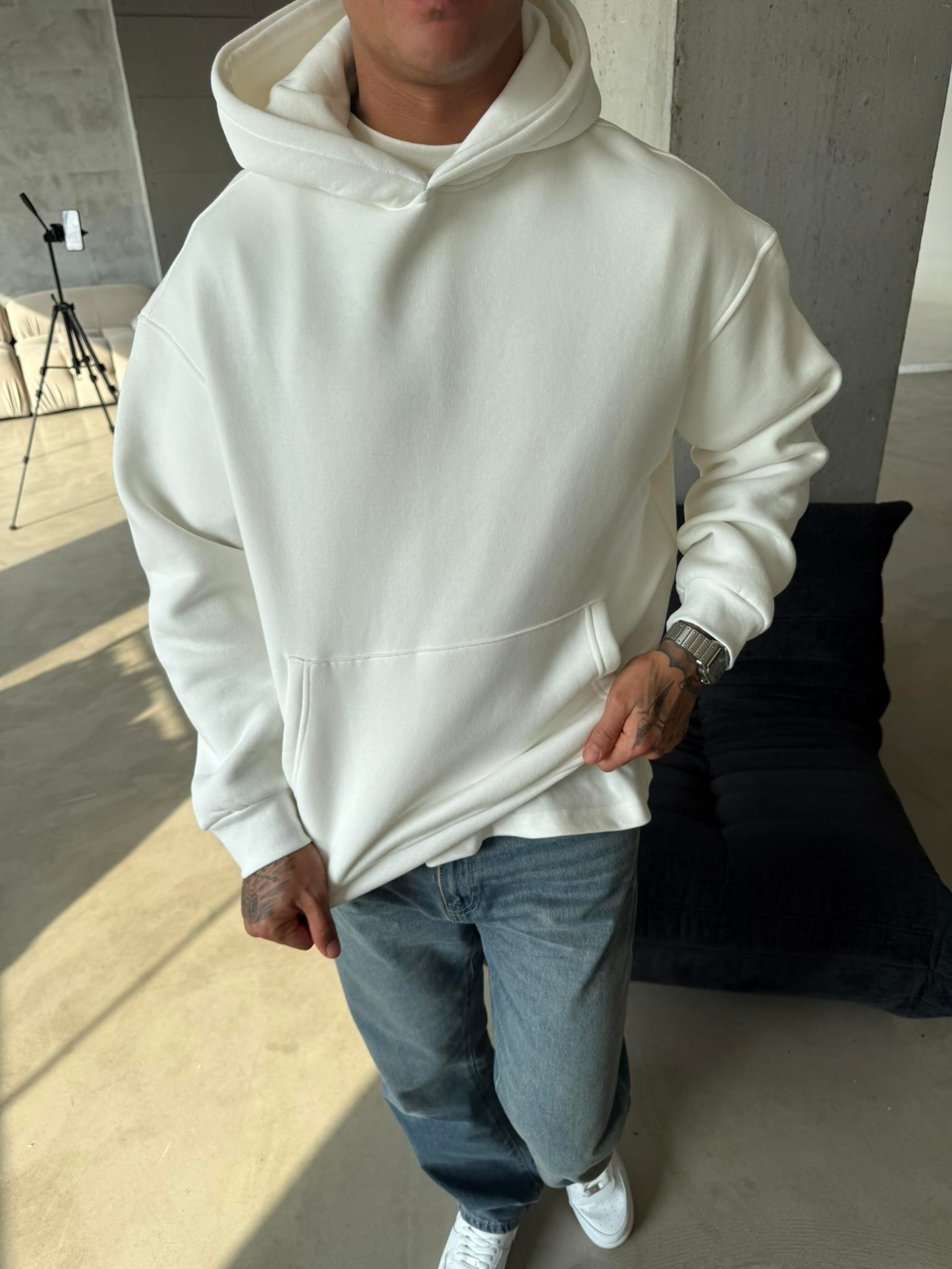Düz Basic Kapuşonlu Sweatshirt - Beyaz