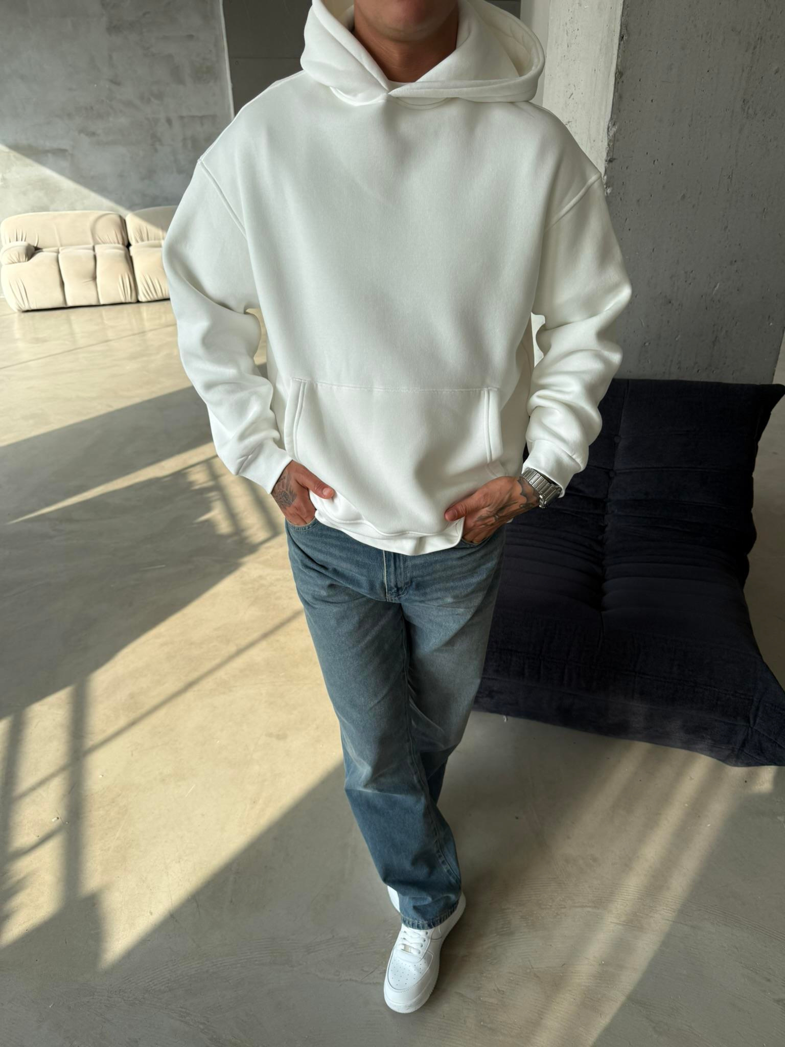 Düz Basic Kapuşonlu Sweatshirt - Beyaz