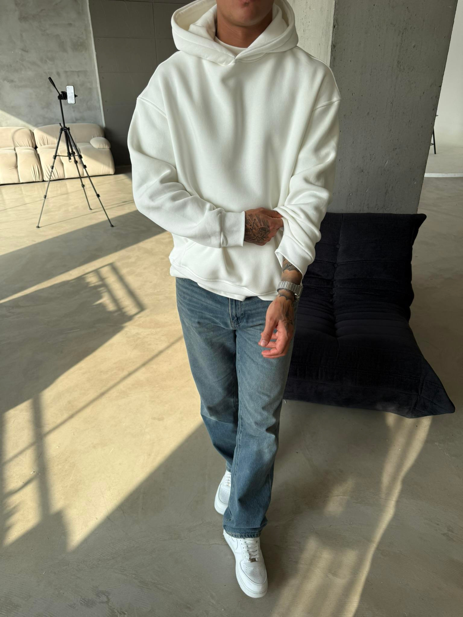 Düz Basic Kapuşonlu Sweatshirt - Beyaz