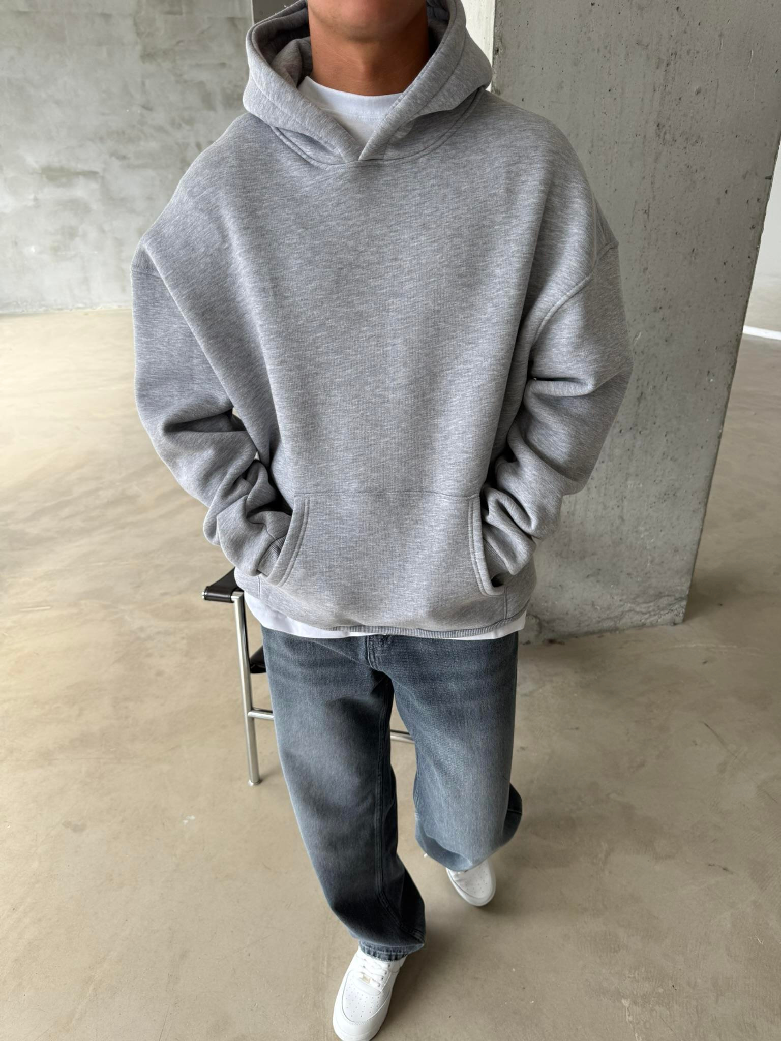 Düz Basic Kapüşonlu Sweatshirt - Gri