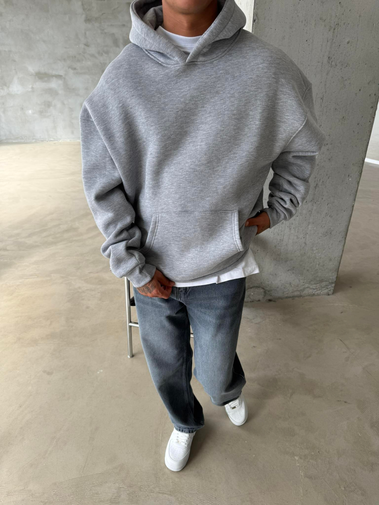 Düz Basic Kapüşonlu Sweatshirt - Gri