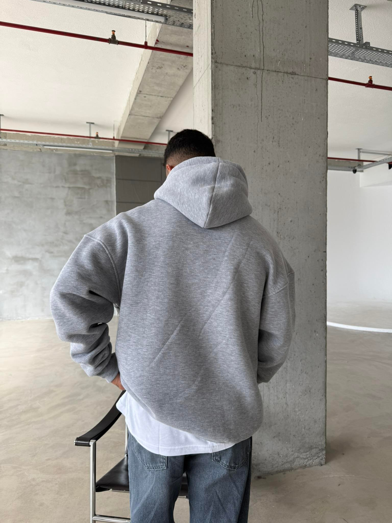 Düz Basic Kapüşonlu Sweatshirt - Gri