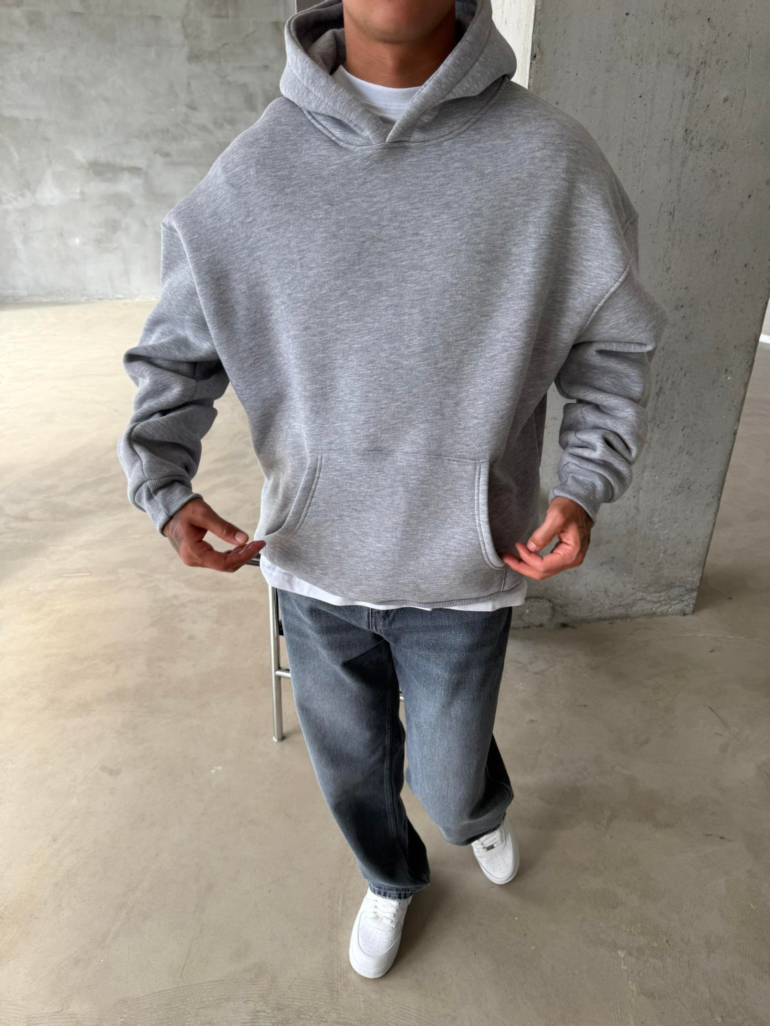 Düz Basic Kapüşonlu Sweatshirt - Gri