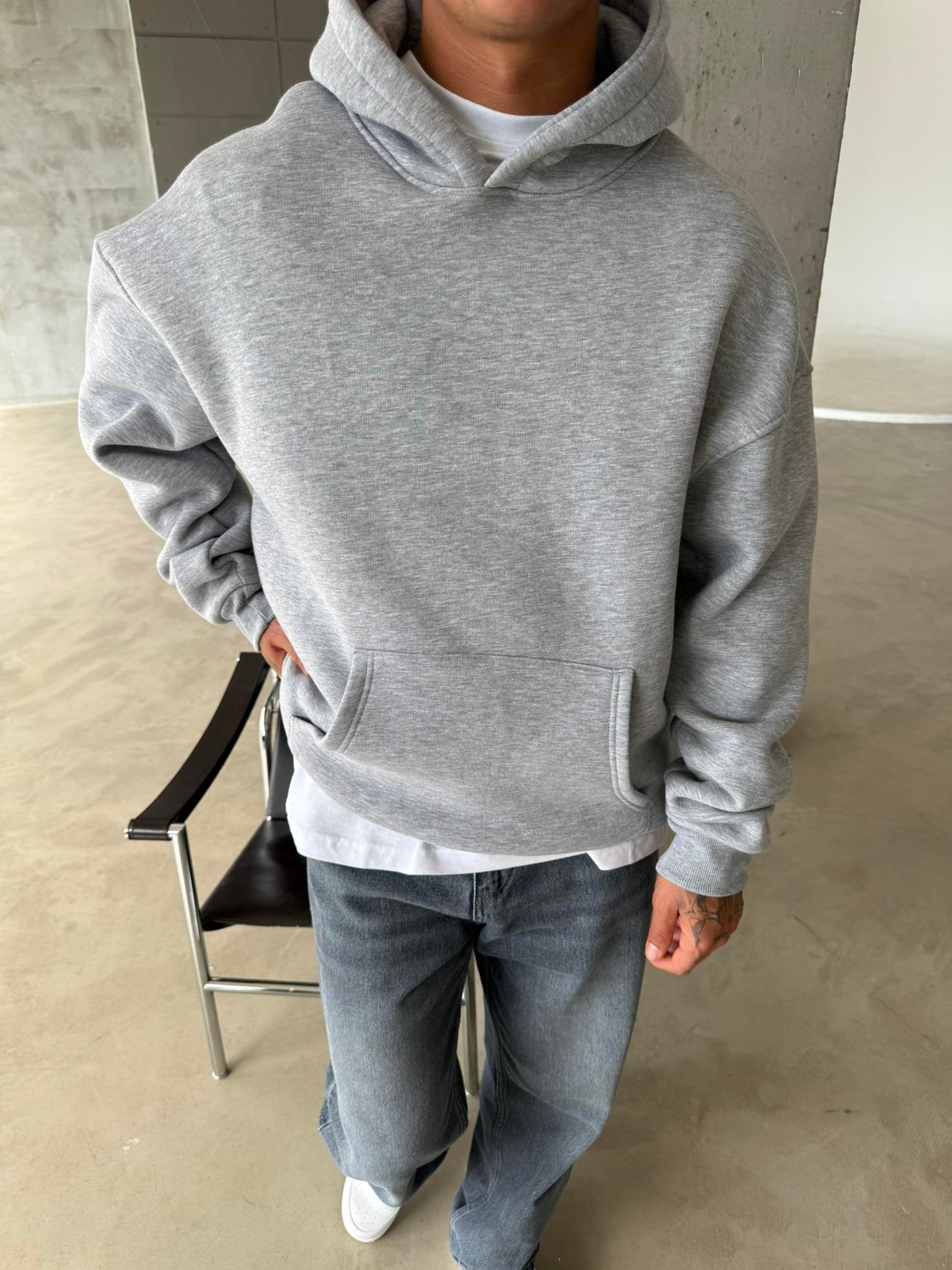 Düz Basic Kapüşonlu Sweatshirt - Gri