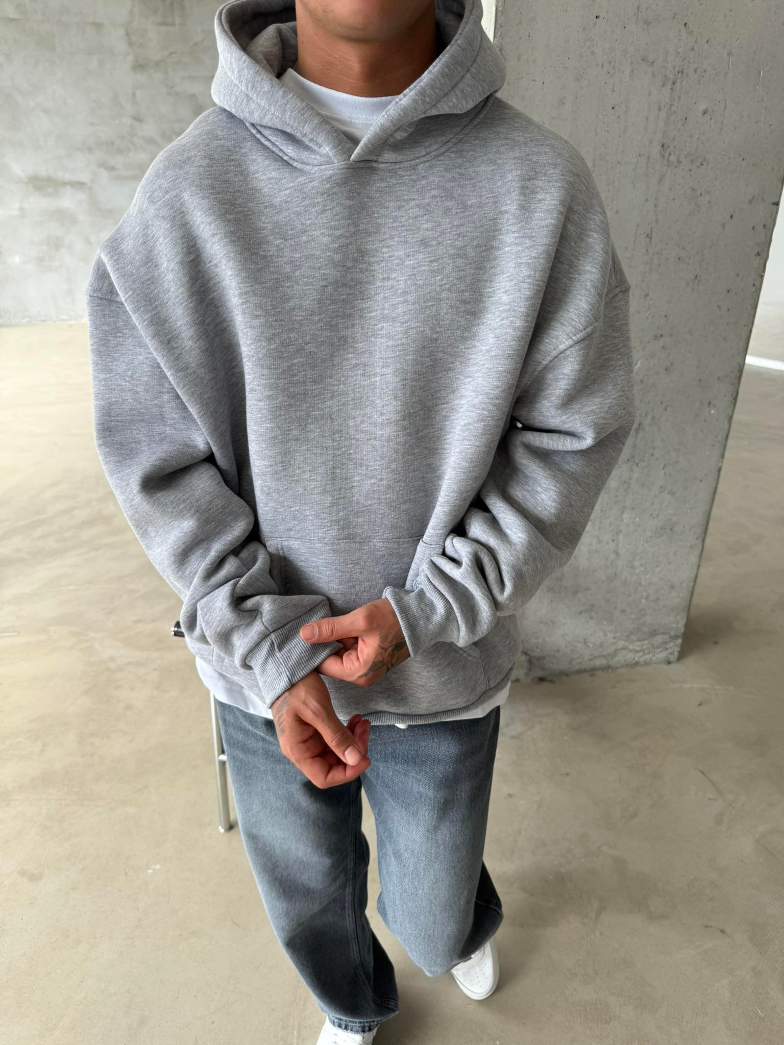 Düz Basic Kapüşonlu Sweatshirt - Gri