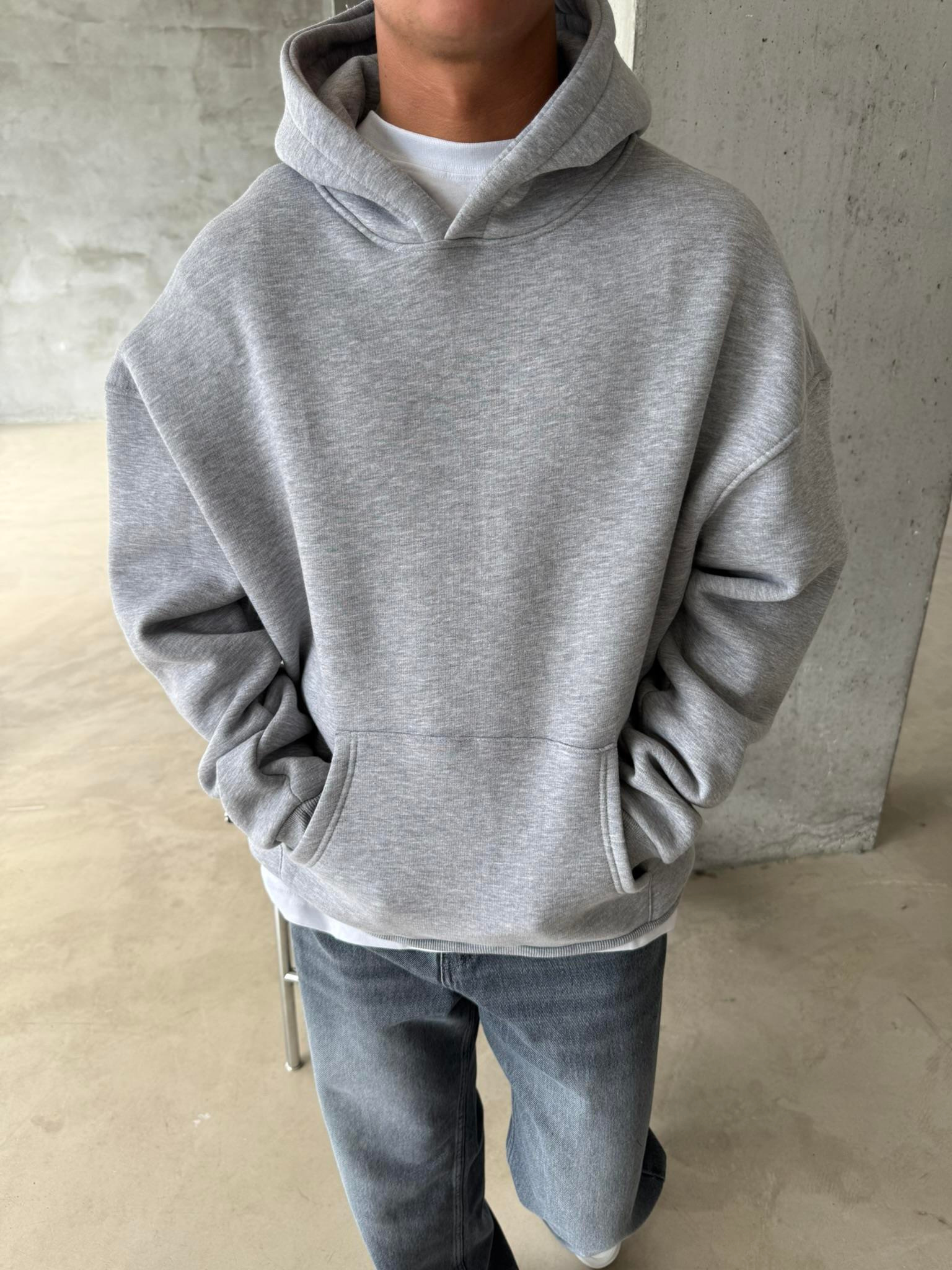 Düz Basic Kapüşonlu Sweatshirt - Gri