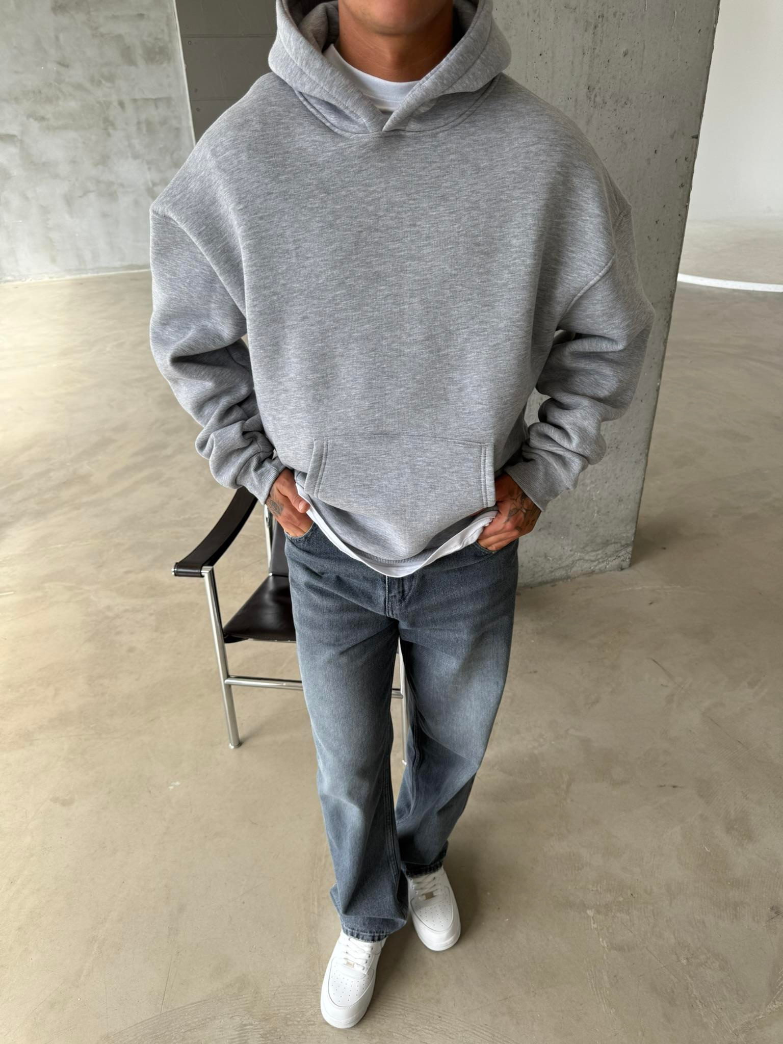 Düz Basic Kapüşonlu Sweatshirt - Gri