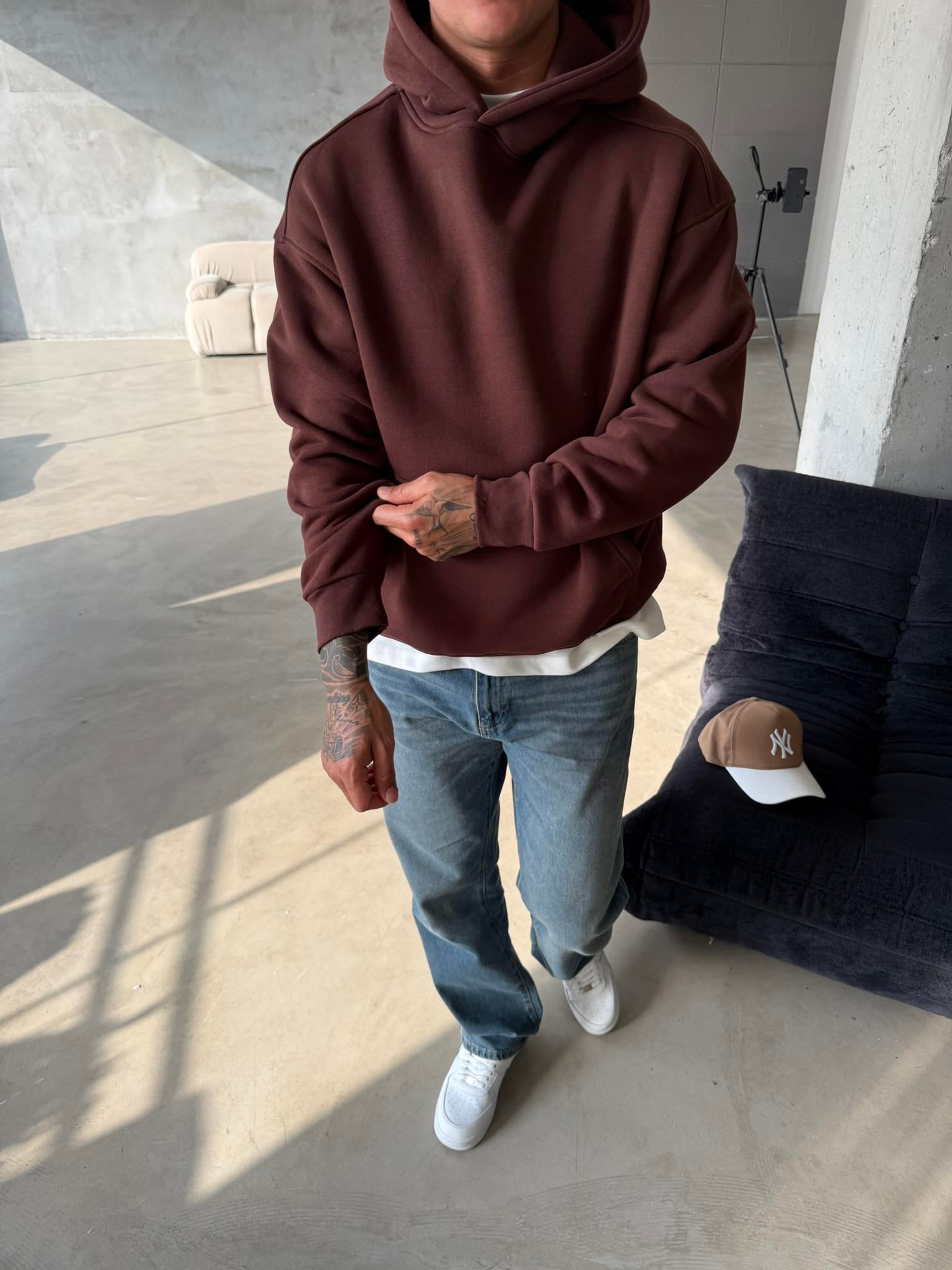 Düz Basic Kapuşonlu Sweatshirt - Kahve
