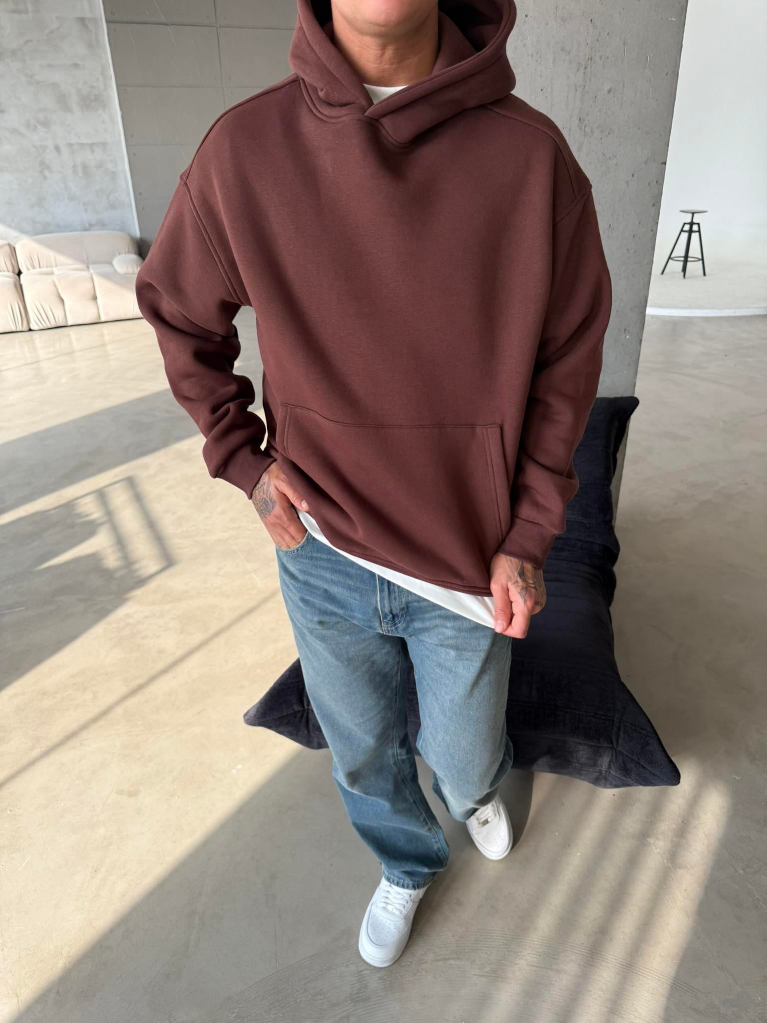 Düz Basic Kapuşonlu Sweatshirt - Kahve