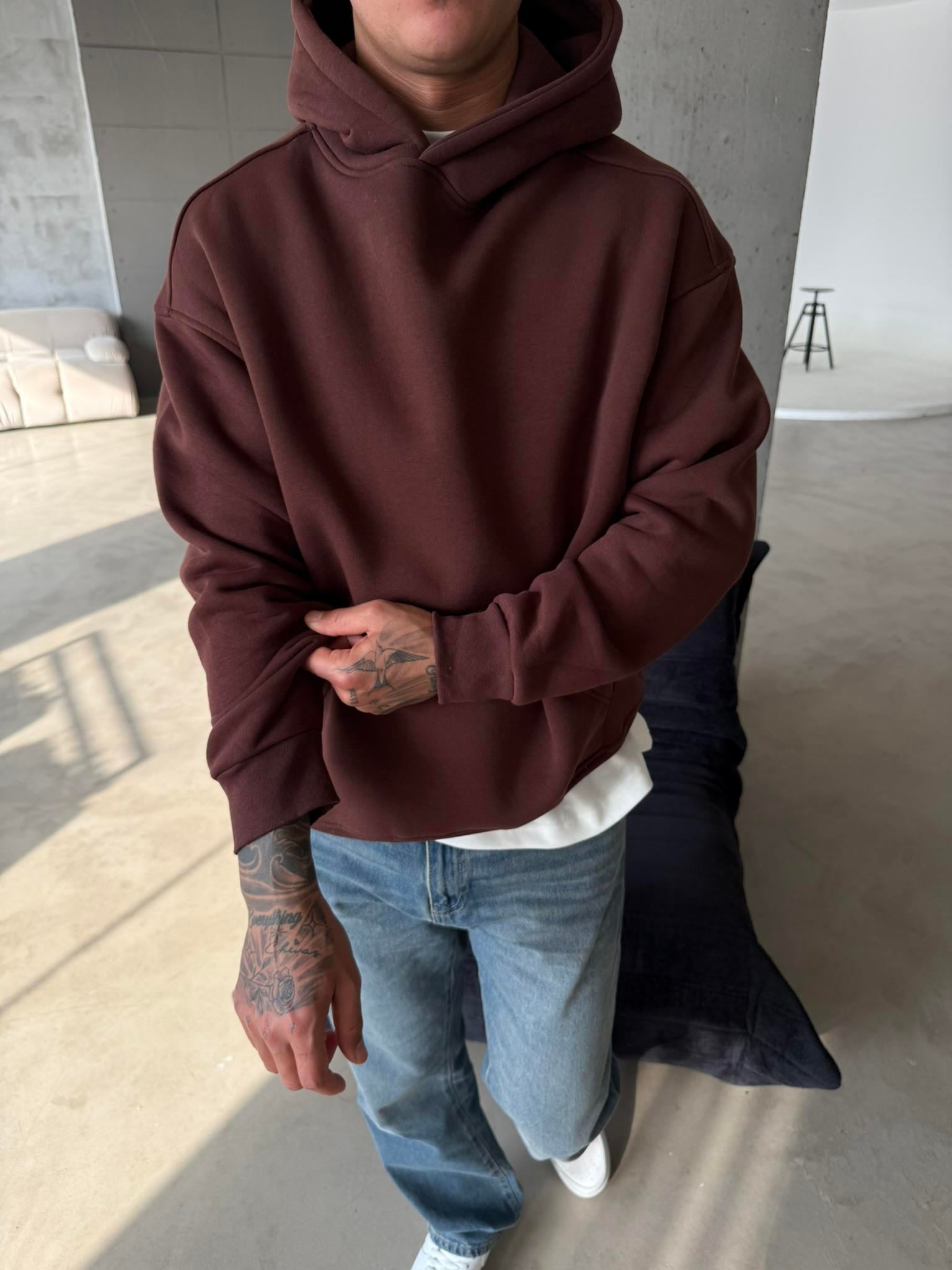 Düz Basic Kapuşonlu Sweatshirt - Kahve