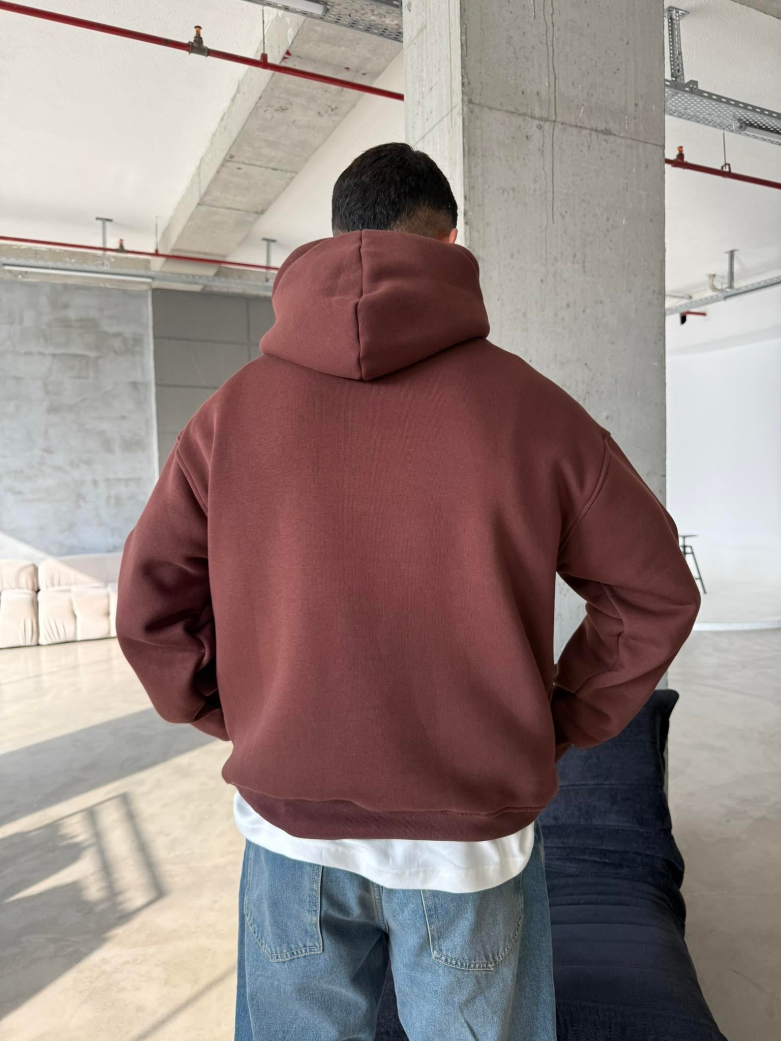 Düz Basic Kapuşonlu Sweatshirt - Kahve