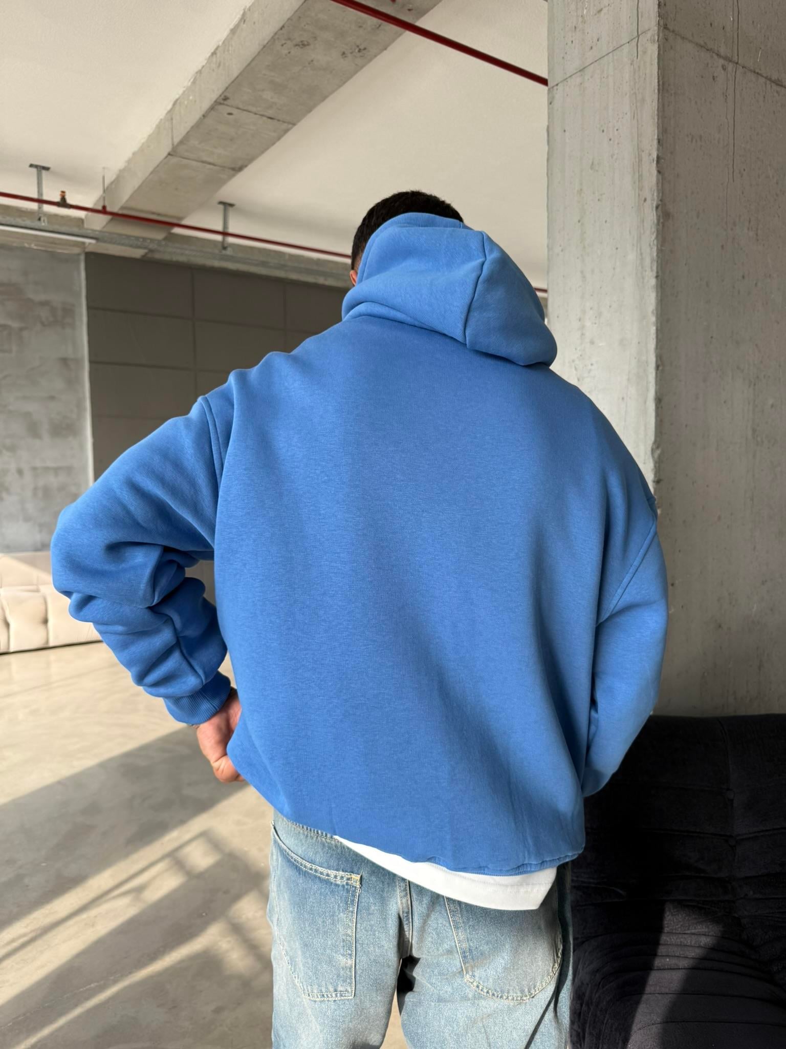 Düz Basic Kapuşonlu Sweatshirt - Mavi