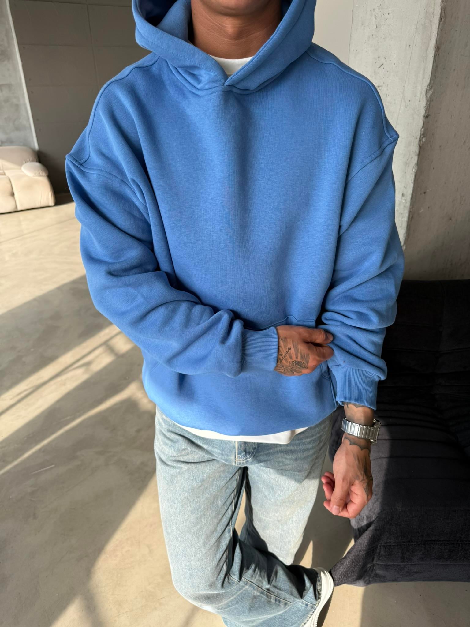 Düz Basic Kapuşonlu Sweatshirt - Mavi