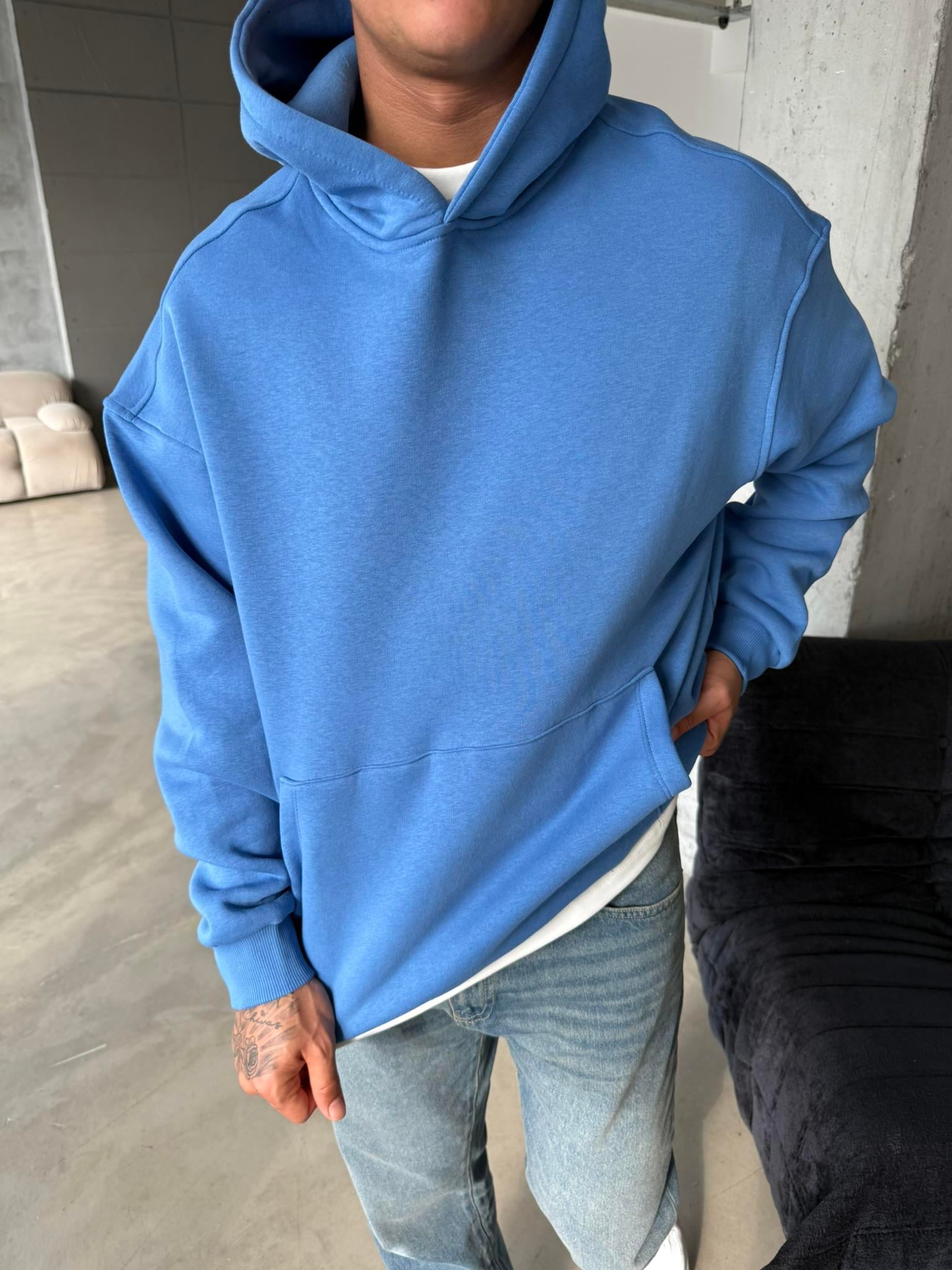 Düz Basic Kapuşonlu Sweatshirt - Mavi