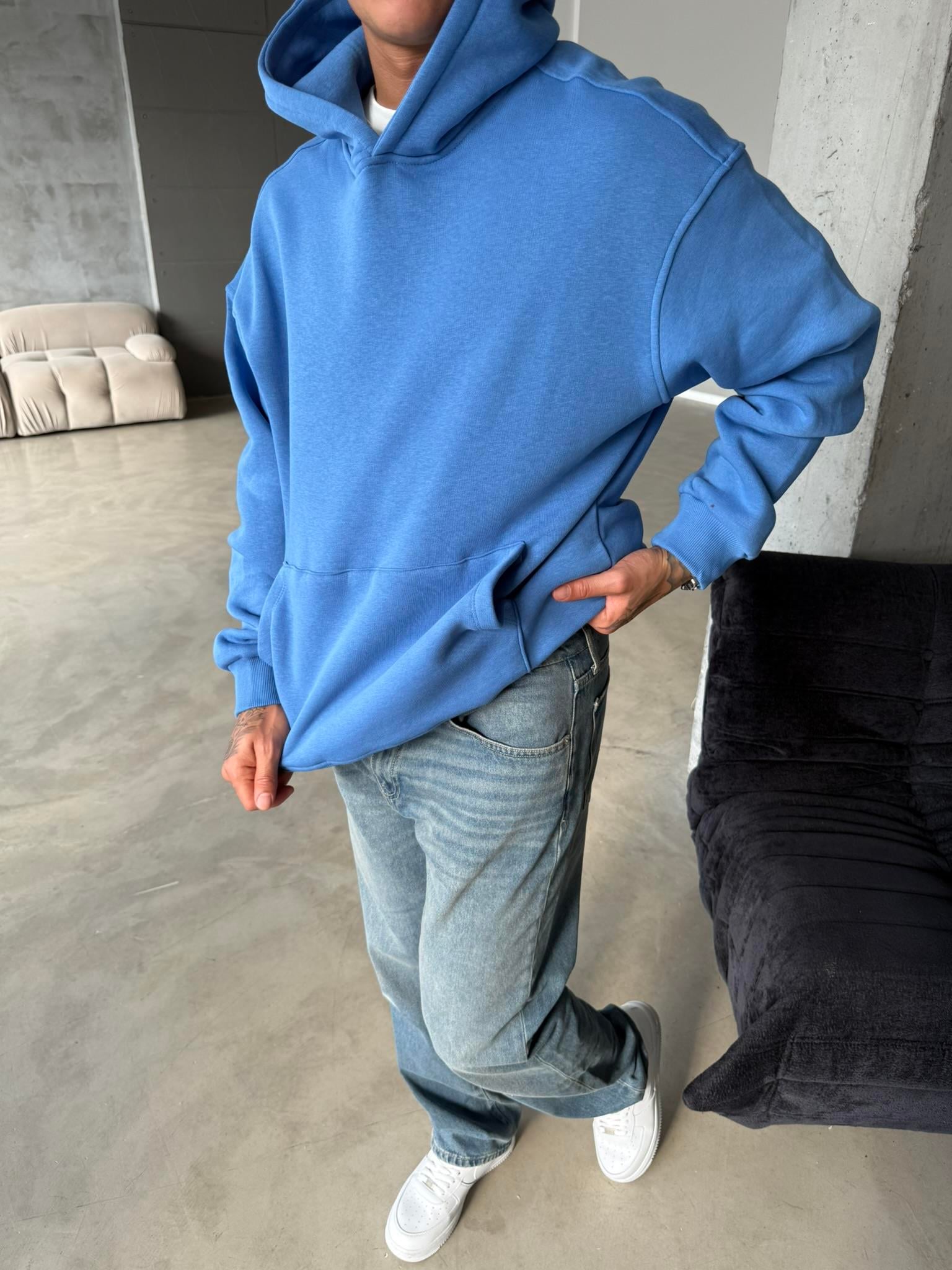 Düz Basic Kapuşonlu Sweatshirt - Mavi