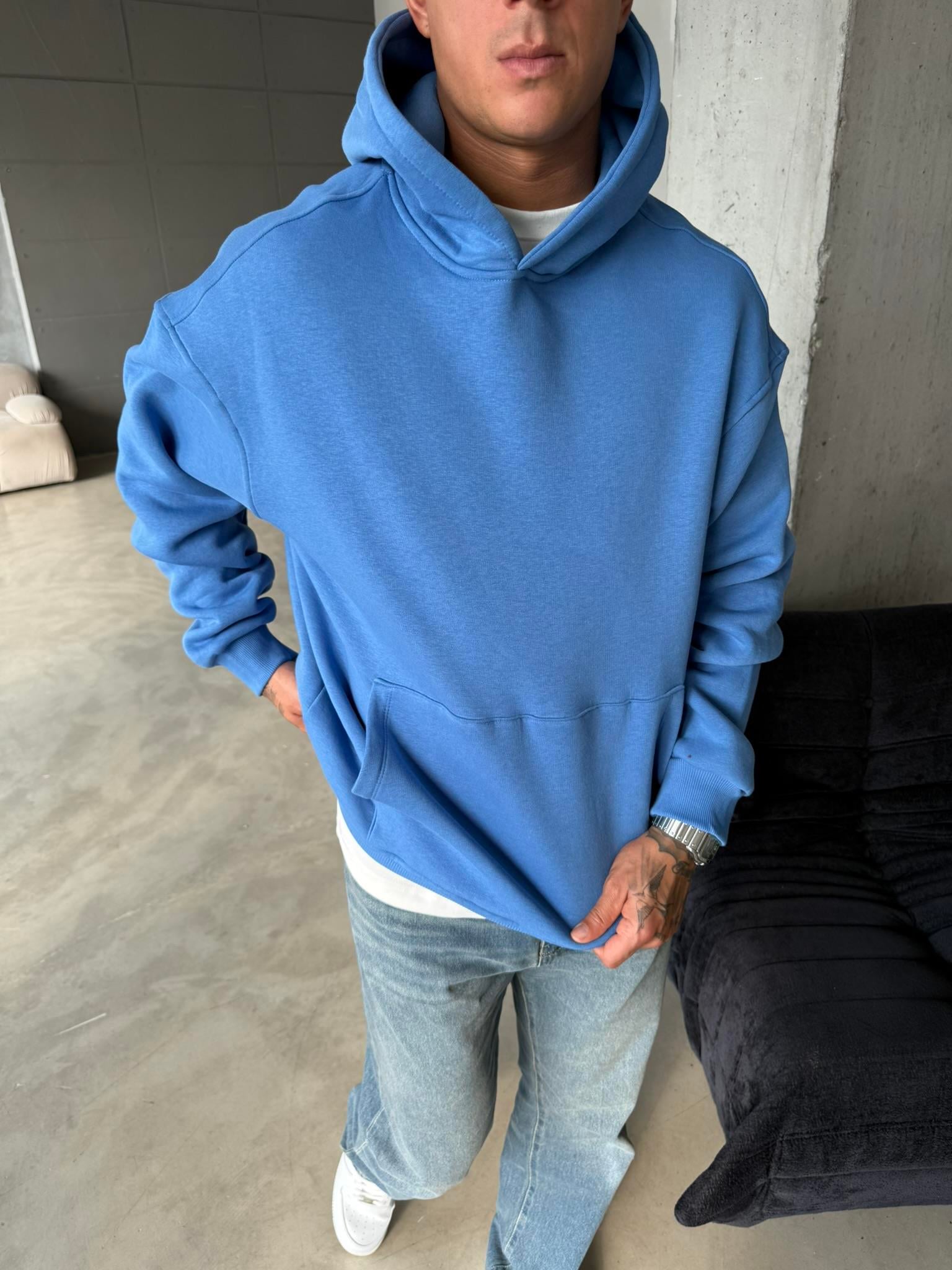 Düz Basic Kapuşonlu Sweatshirt - Mavi
