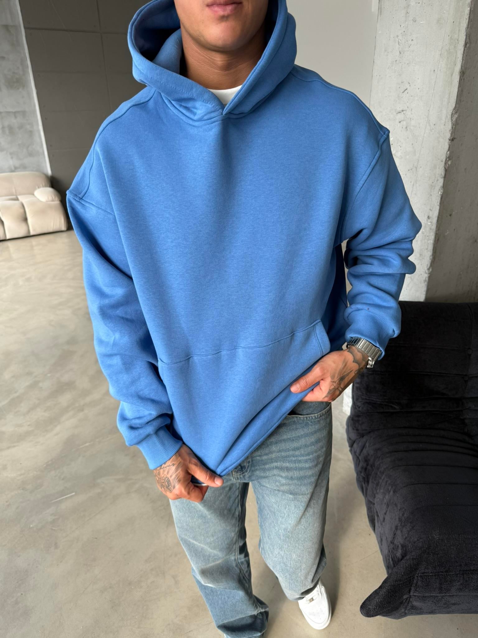 Düz Basic Kapuşonlu Sweatshirt - Mavi