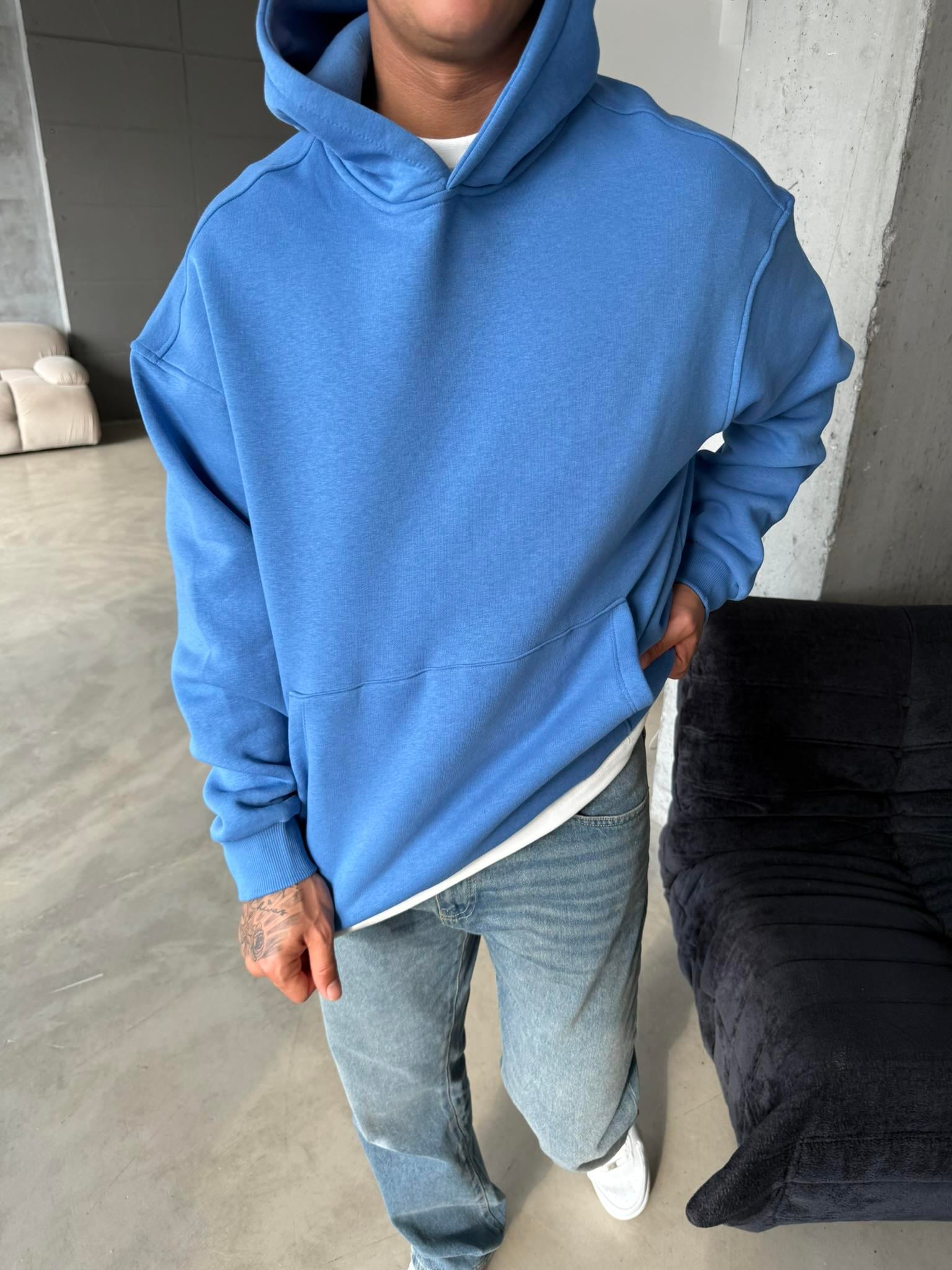 Düz Basic Kapuşonlu Sweatshirt - Mavi