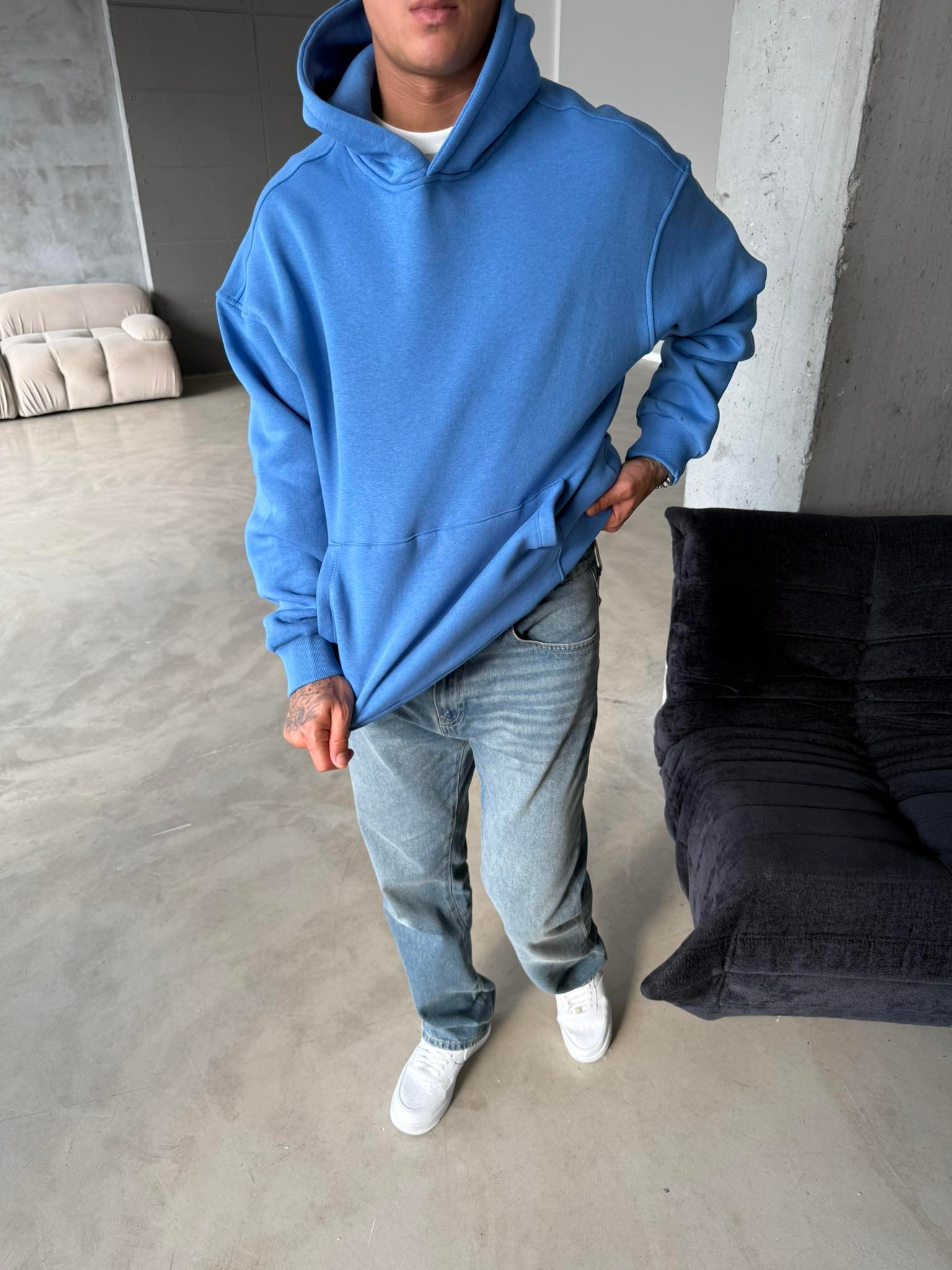 Düz Basic Kapuşonlu Sweatshirt - Mavi