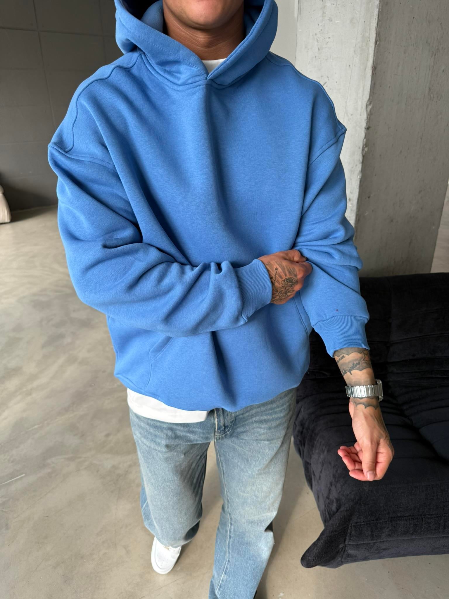 Düz Basic Kapuşonlu Sweatshirt - Mavi