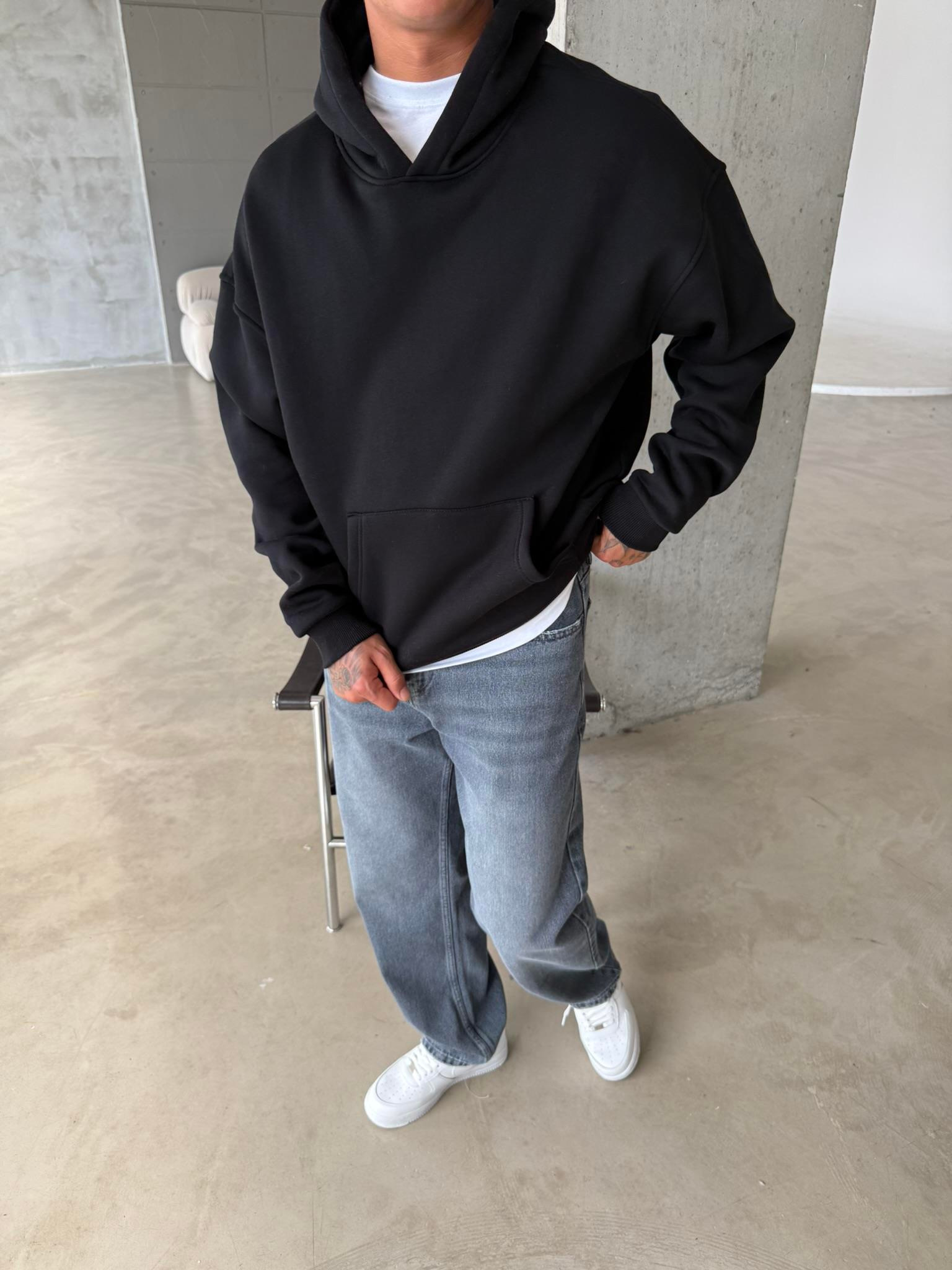 Düz Basic Kapüşonlu Sweatshirt - Siyah
