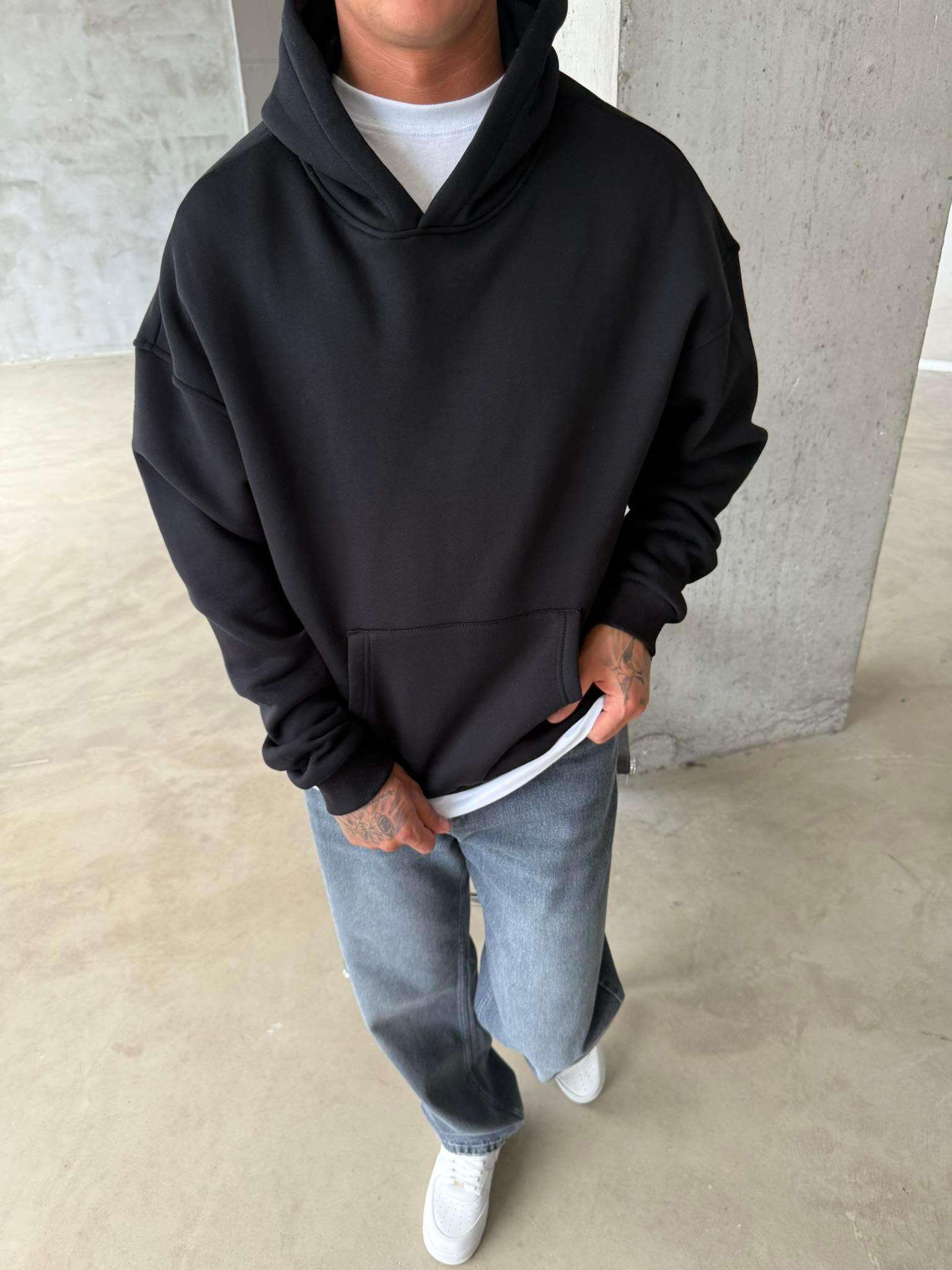 Düz Basic Kapüşonlu Sweatshirt - Siyah