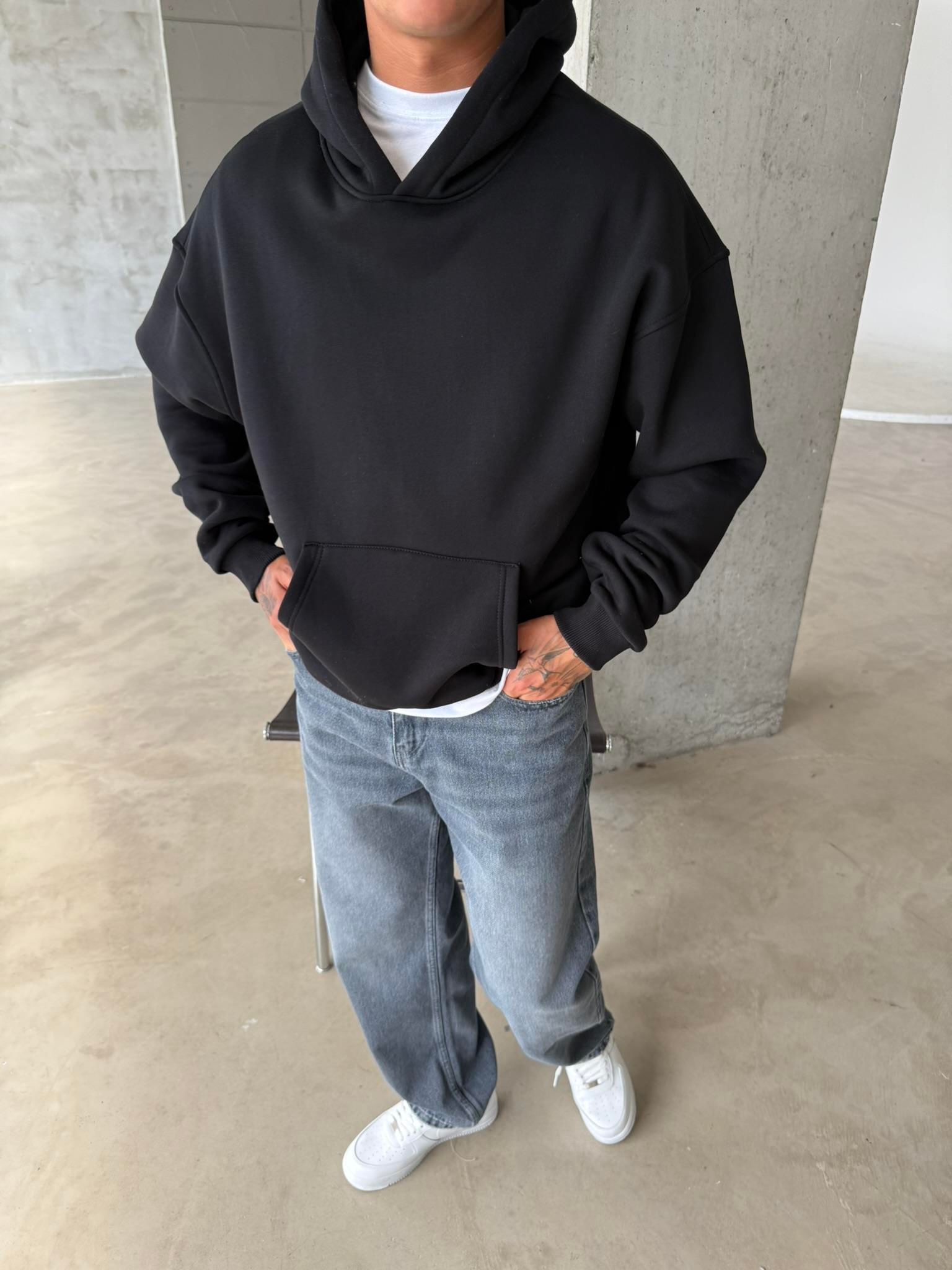 Düz Basic Kapüşonlu Sweatshirt - Siyah