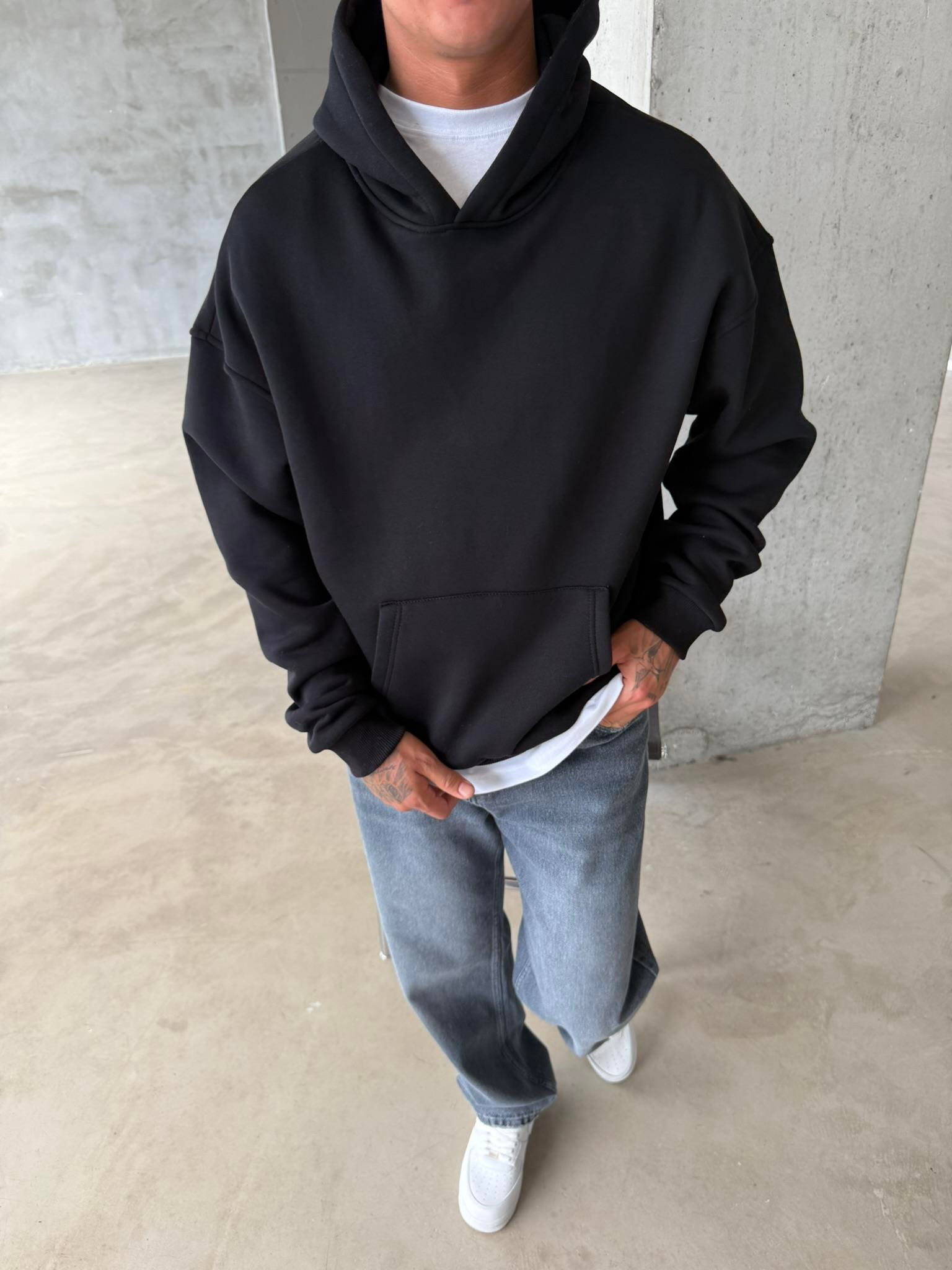 Düz Basic Kapüşonlu Sweatshirt - Siyah