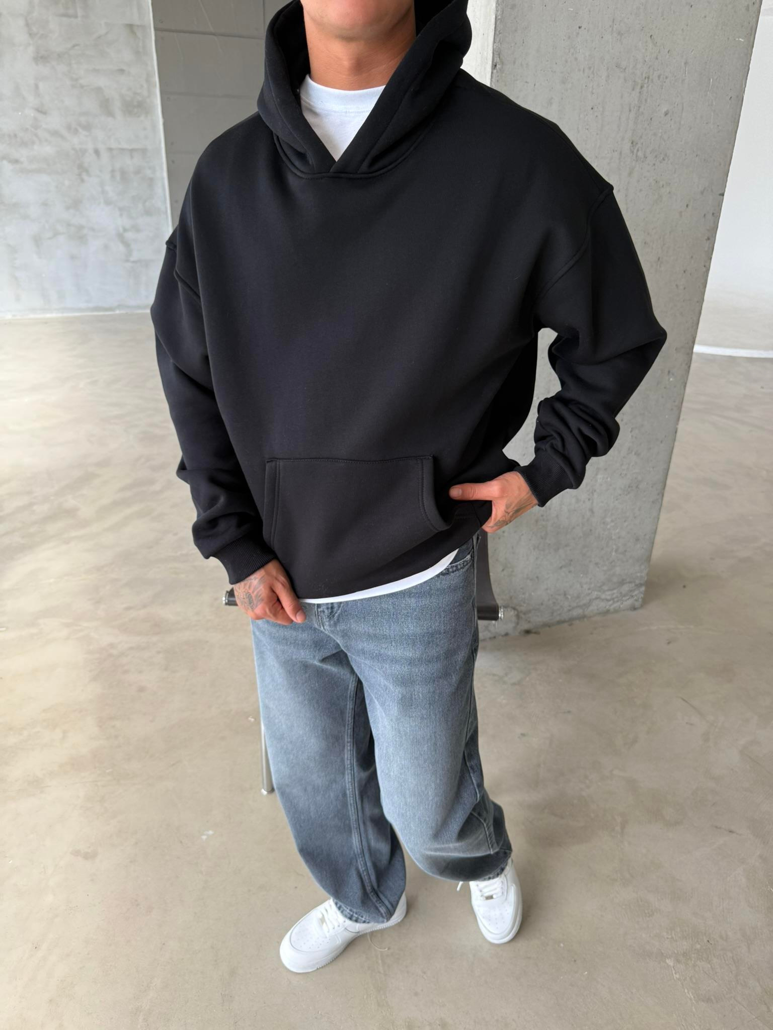 Düz Basic Kapüşonlu Sweatshirt - Siyah