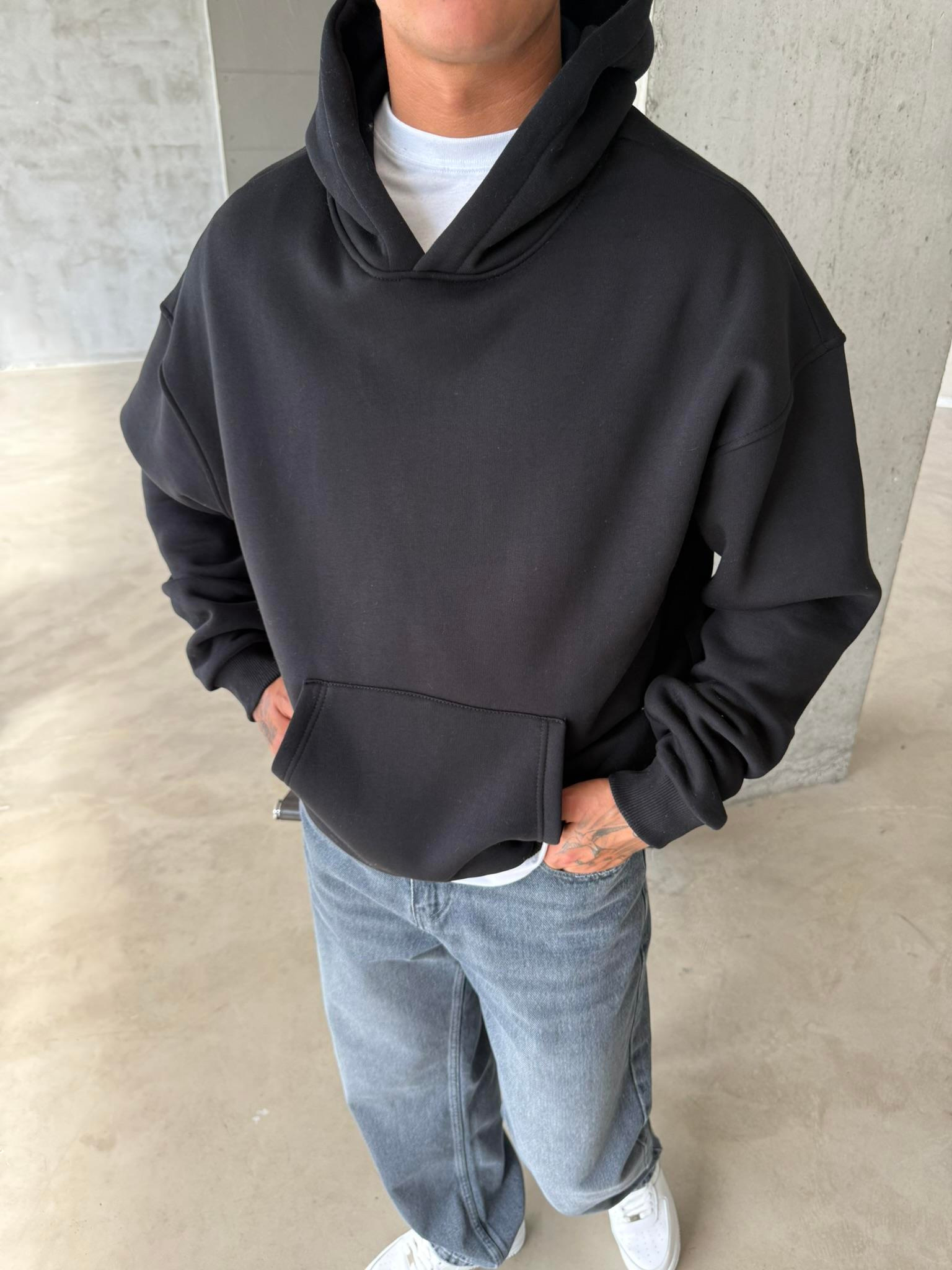 Düz Basic Kapüşonlu Sweatshirt - Siyah