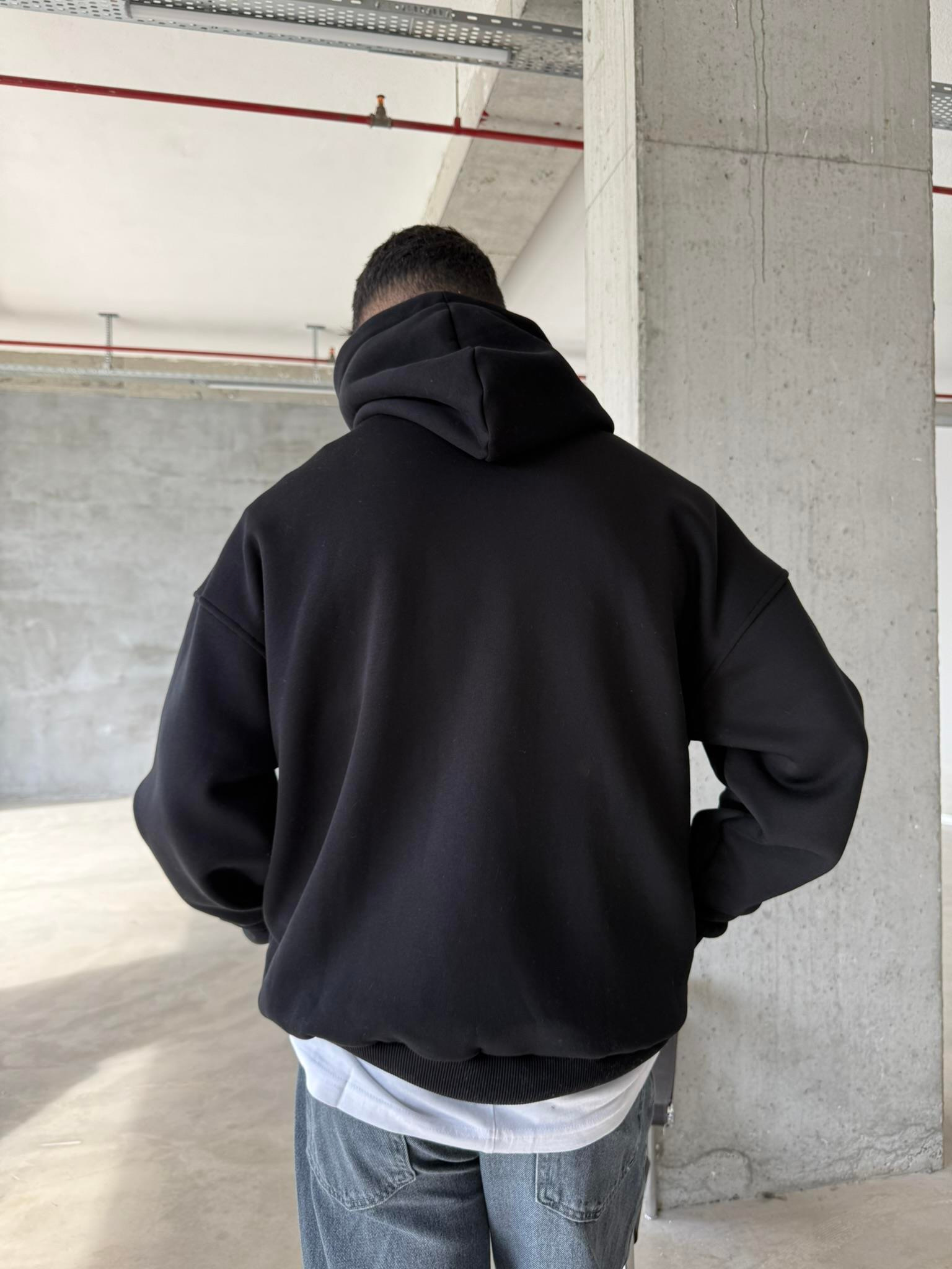 Düz Basic Kapüşonlu Sweatshirt - Siyah
