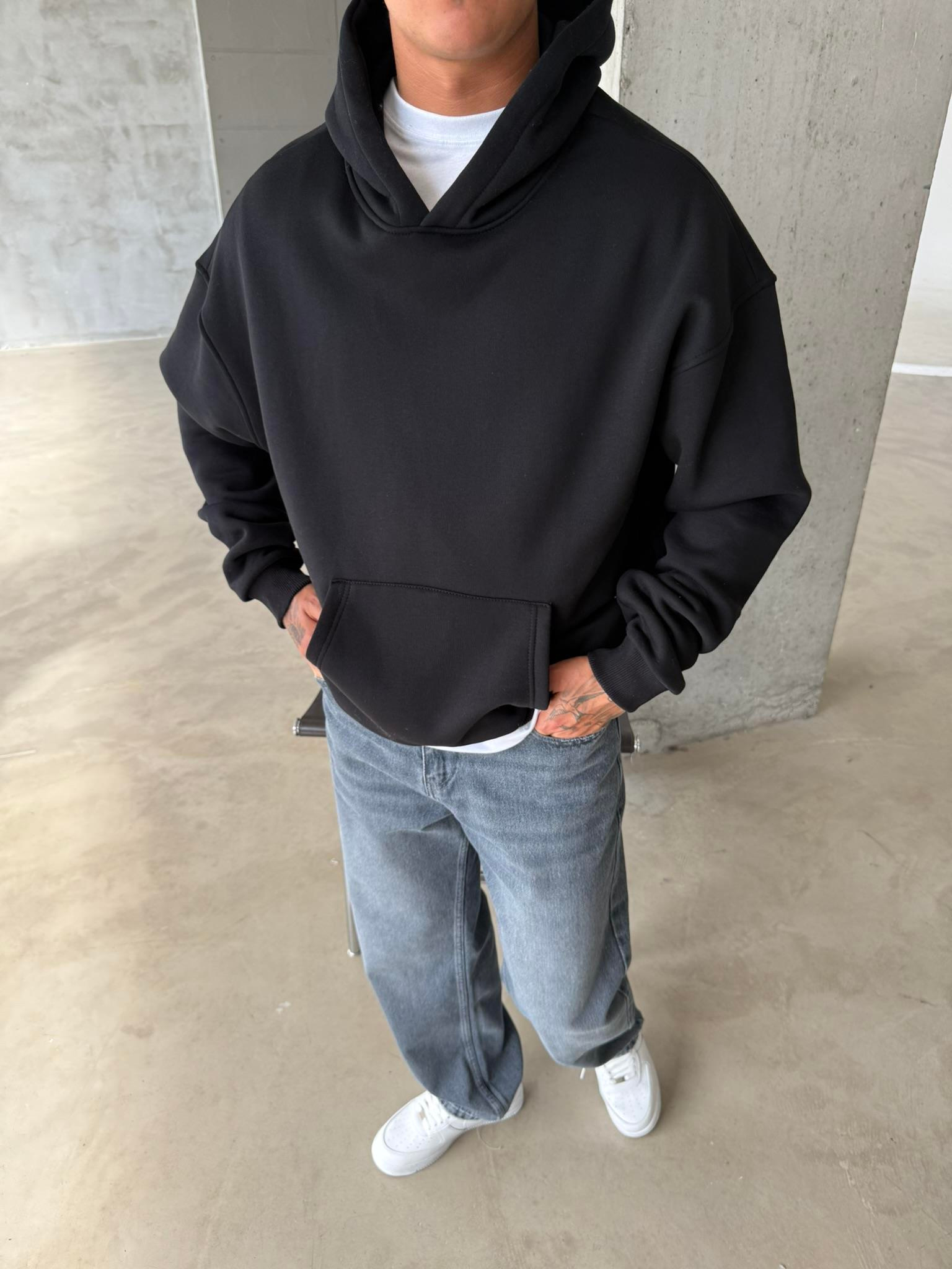 Düz Basic Kapüşonlu Sweatshirt - Siyah