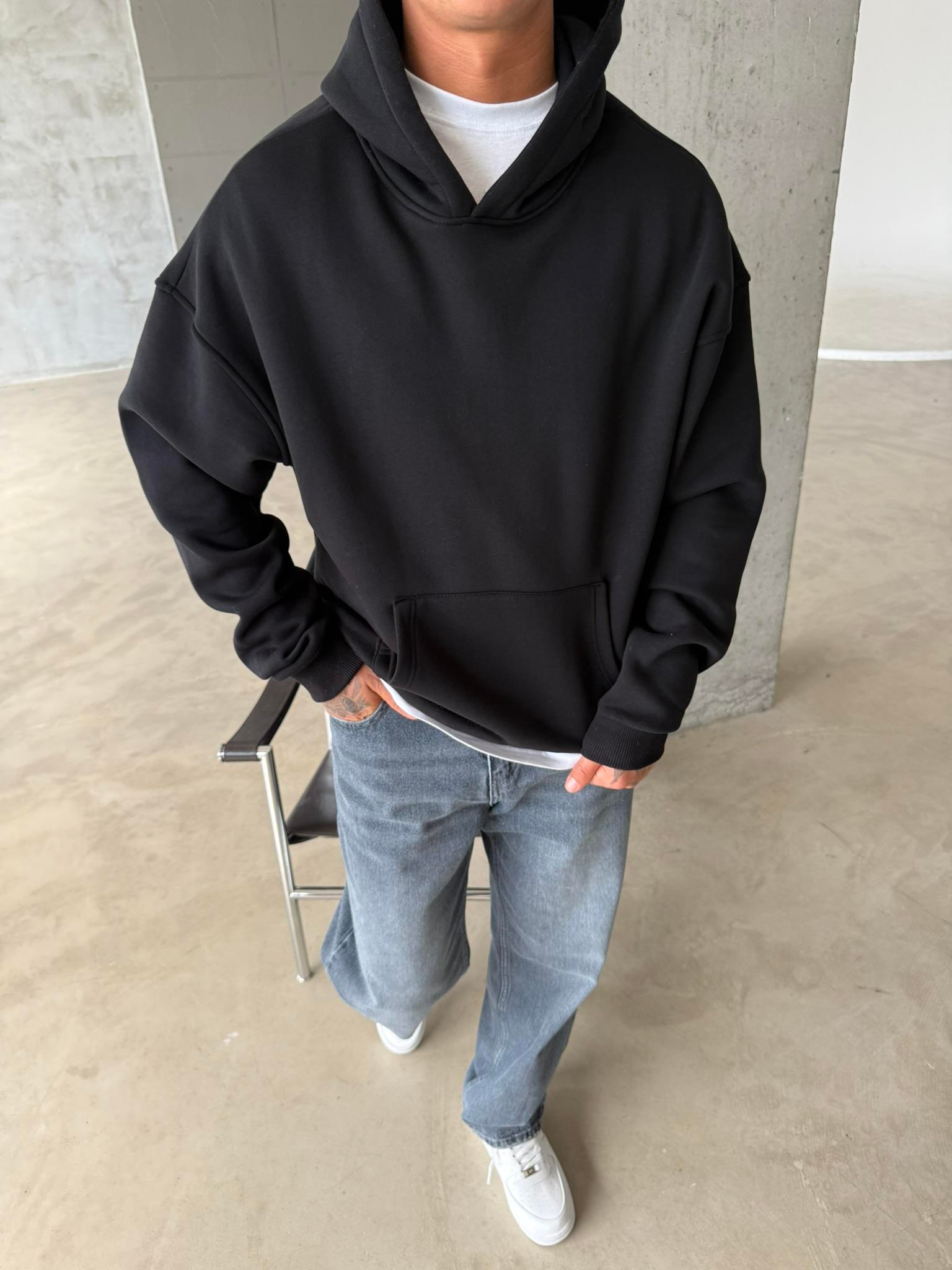 Düz Basic Kapüşonlu Sweatshirt - Siyah