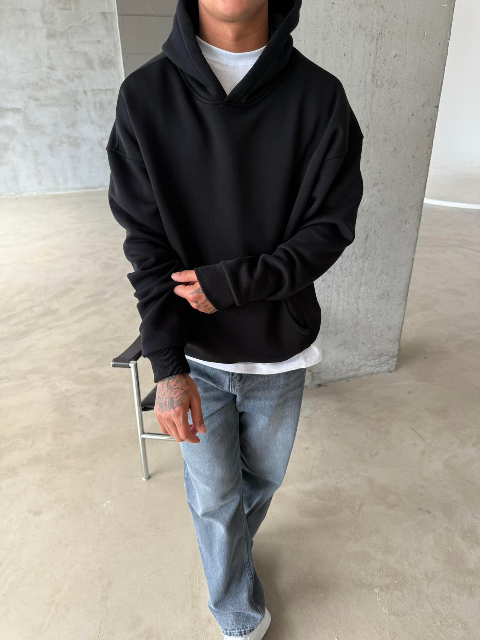 Düz Basic Kapüşonlu Sweatshirt - Siyah