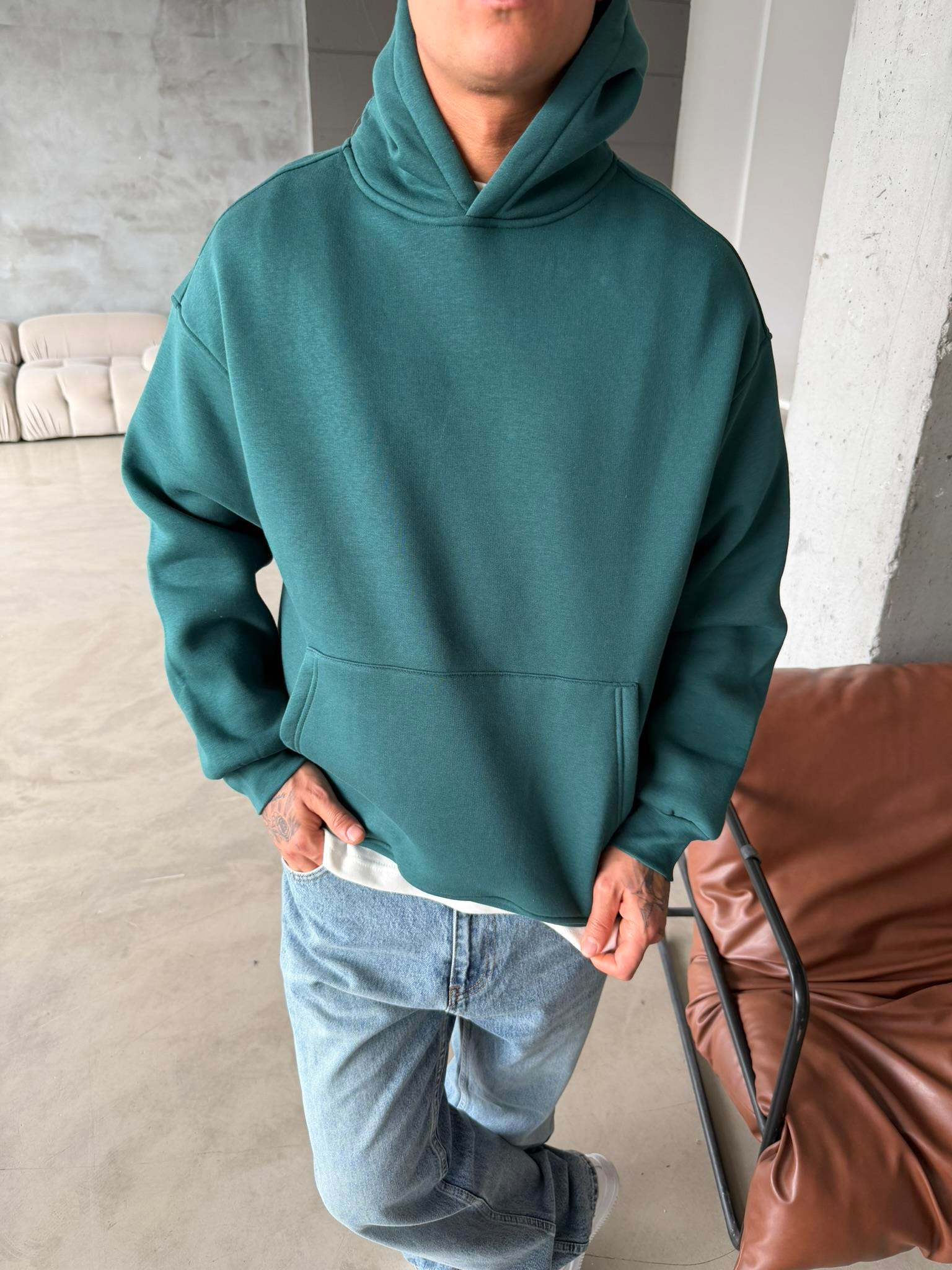 Düz Basic Kapüşonlu Sweatshirt - Yeşil