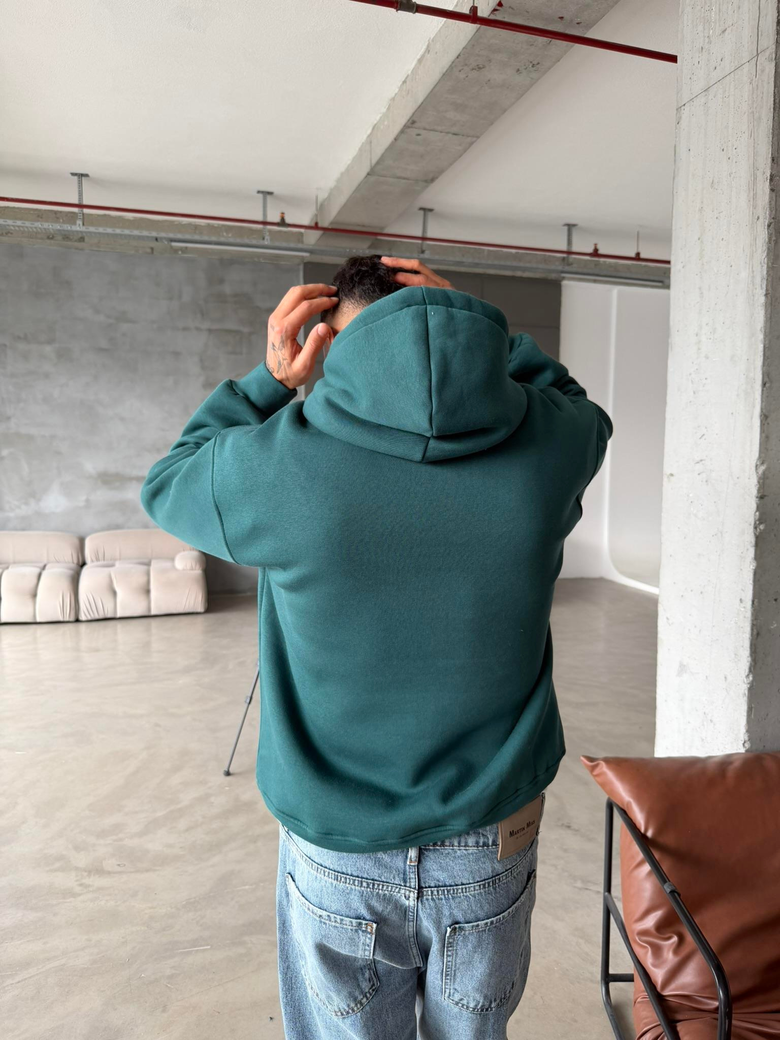 Düz Basic Kapüşonlu Sweatshirt - Yeşil