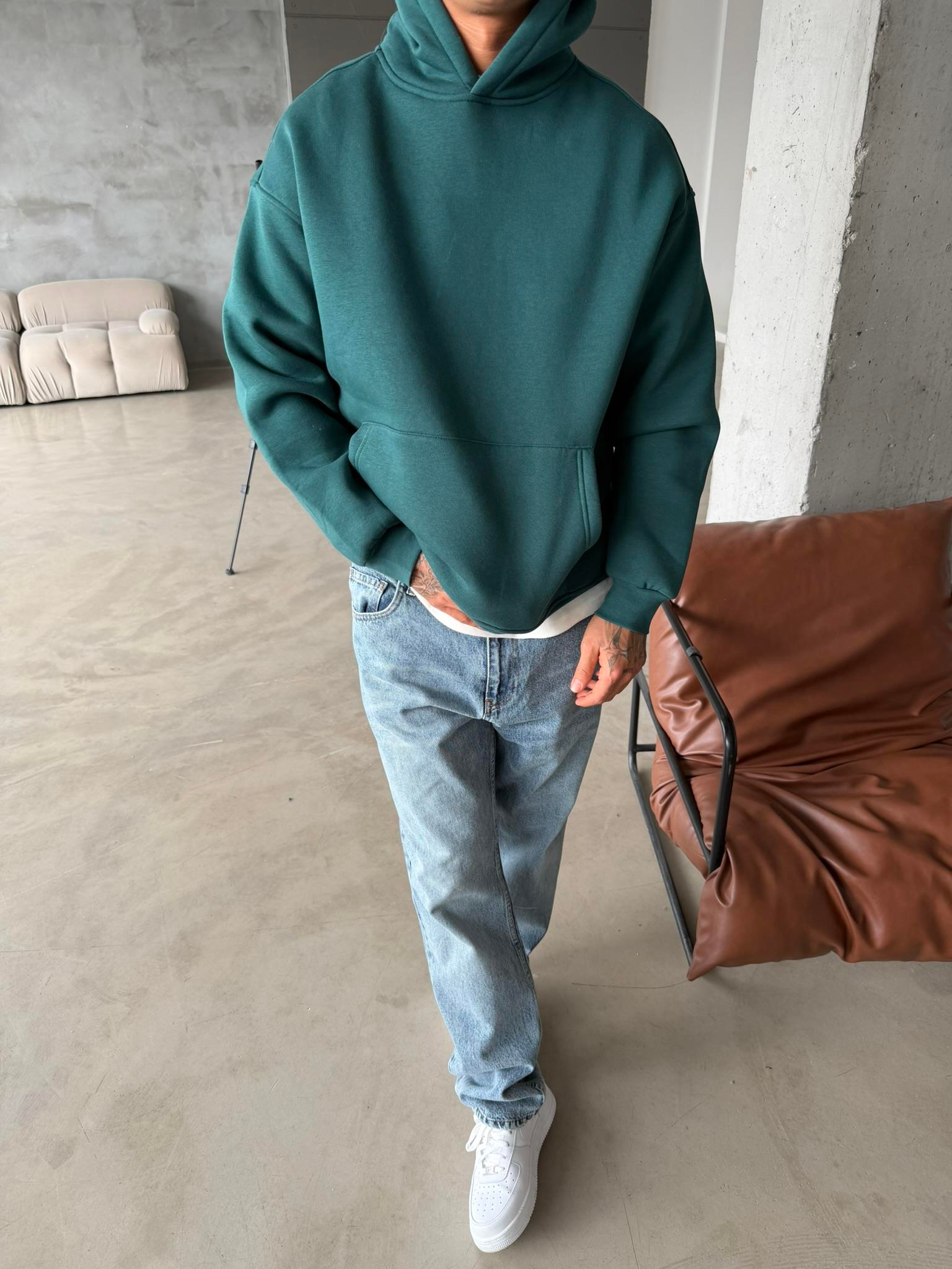 Düz Basic Kapüşonlu Sweatshirt - Yeşil