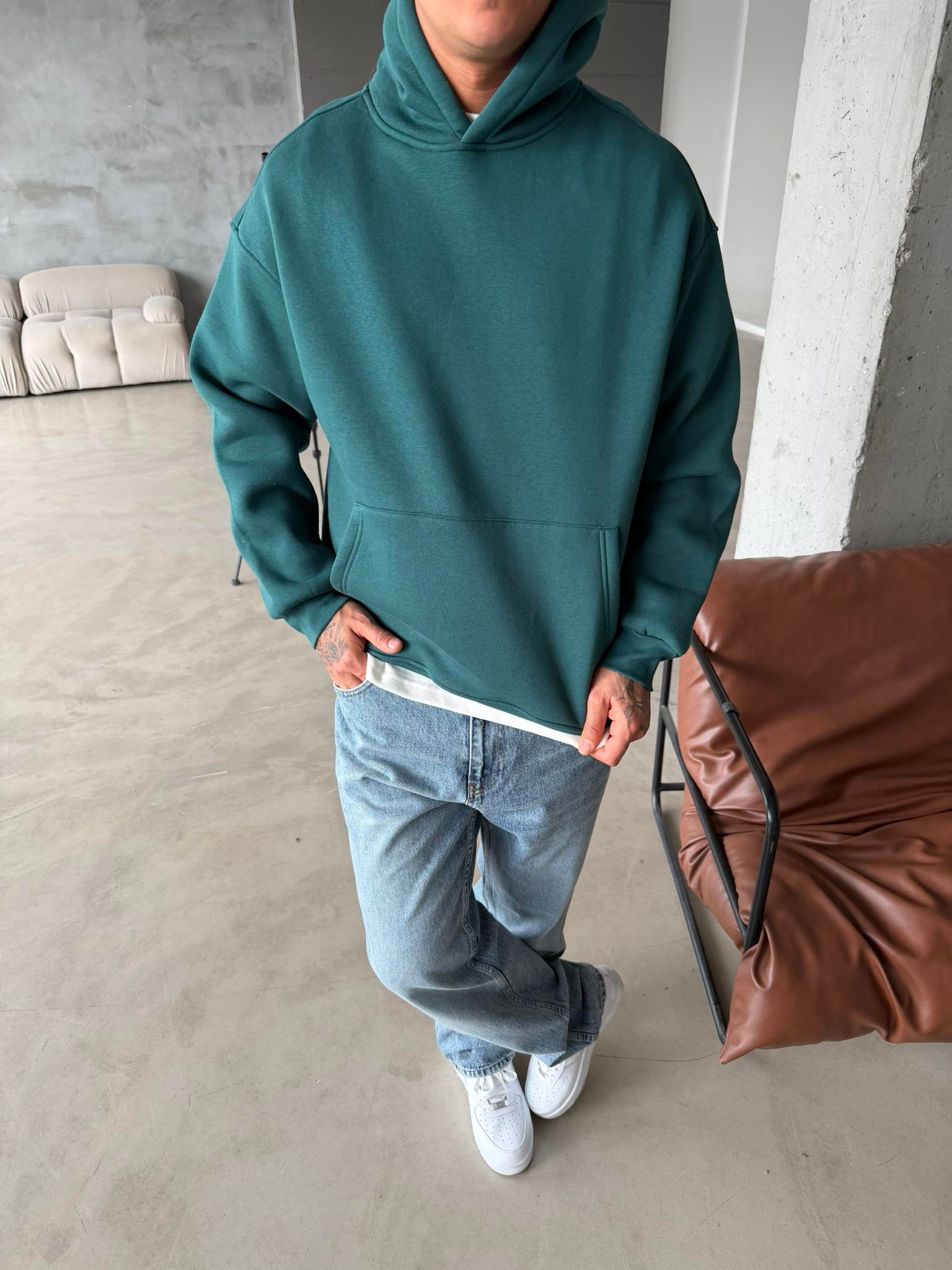Düz Basic Kapüşonlu Sweatshirt - Yeşil