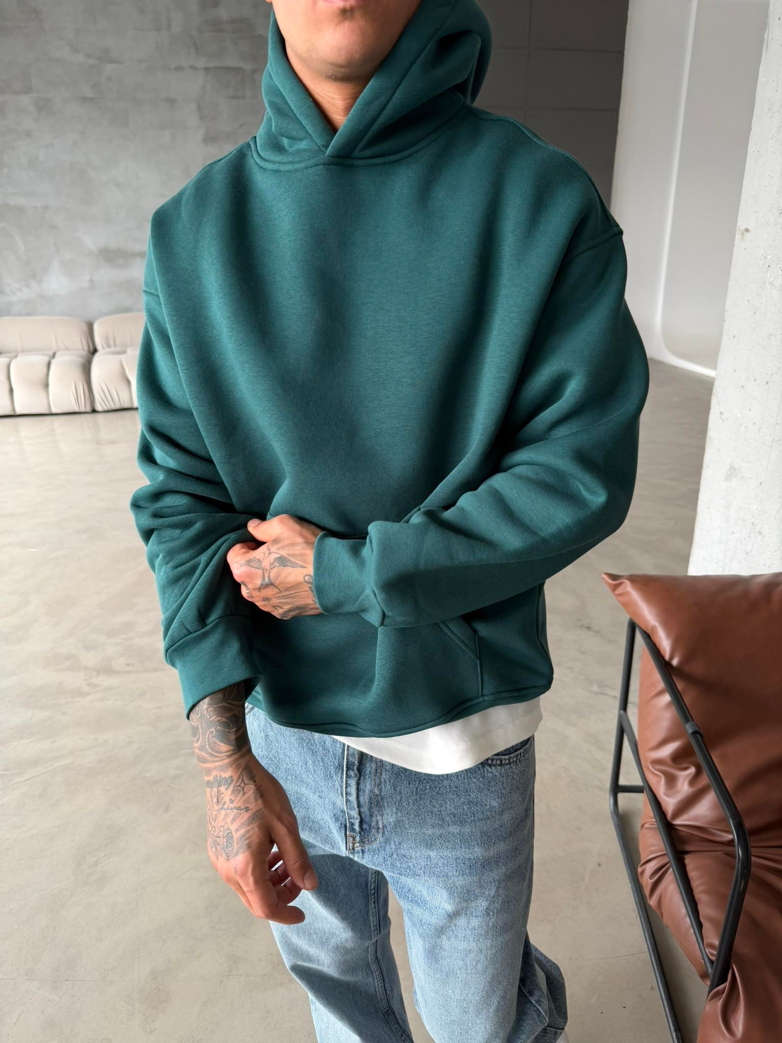 Düz Basic Kapüşonlu Sweatshirt - Yeşil