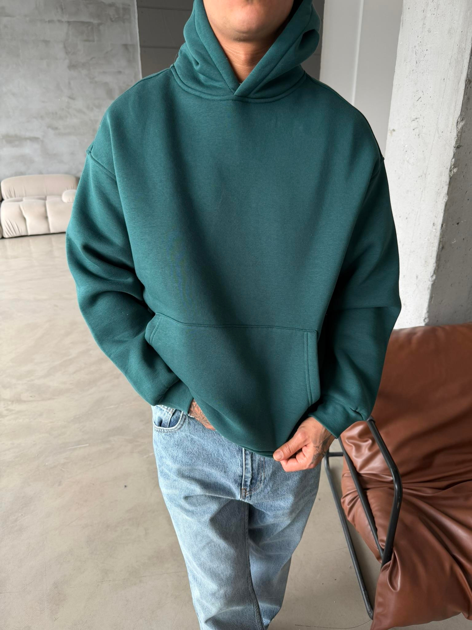 Düz Basic Kapüşonlu Sweatshirt - Yeşil