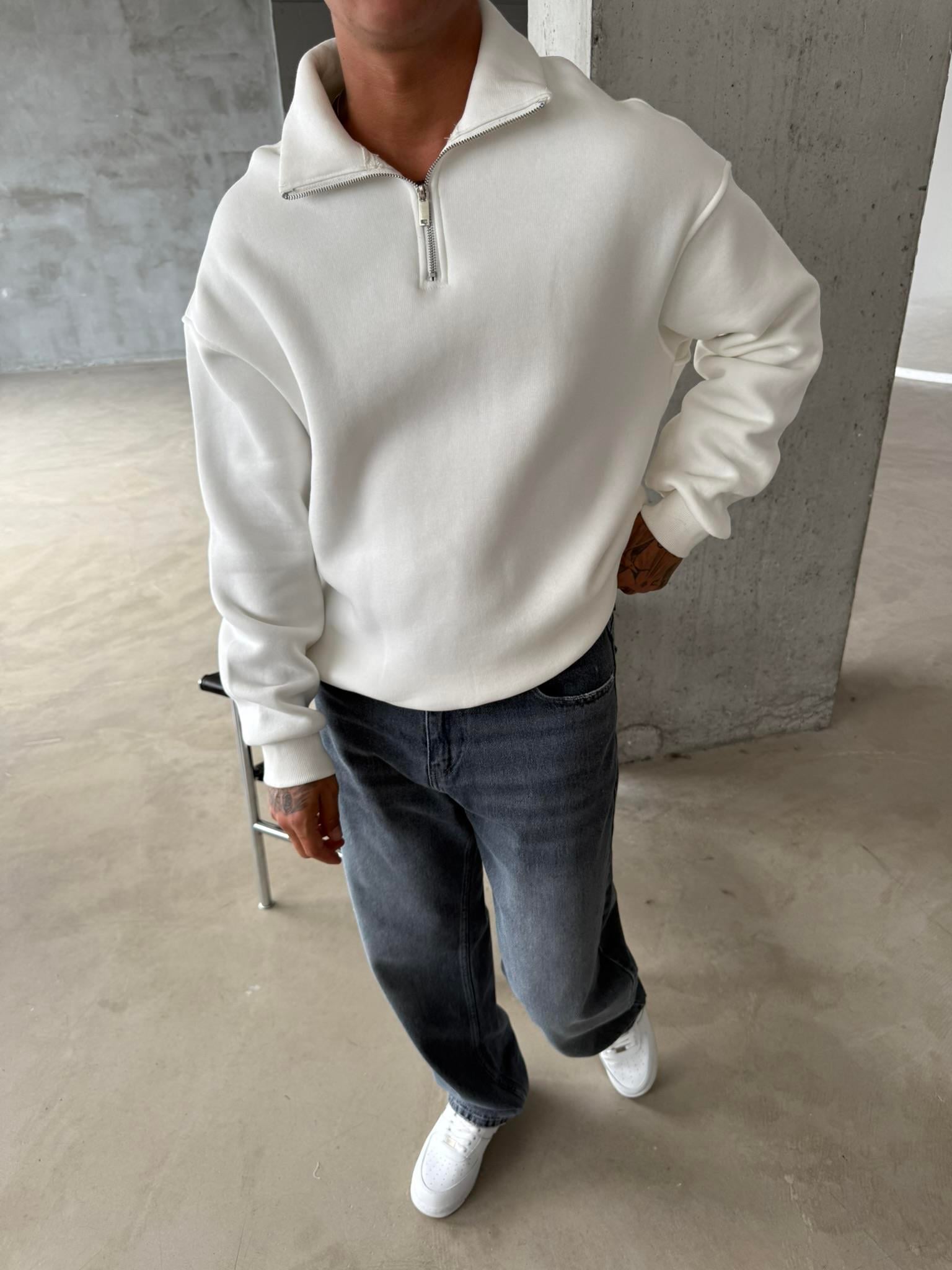 Düz Basic Yarım Fermuarlı Zip Sweat - Beyaz