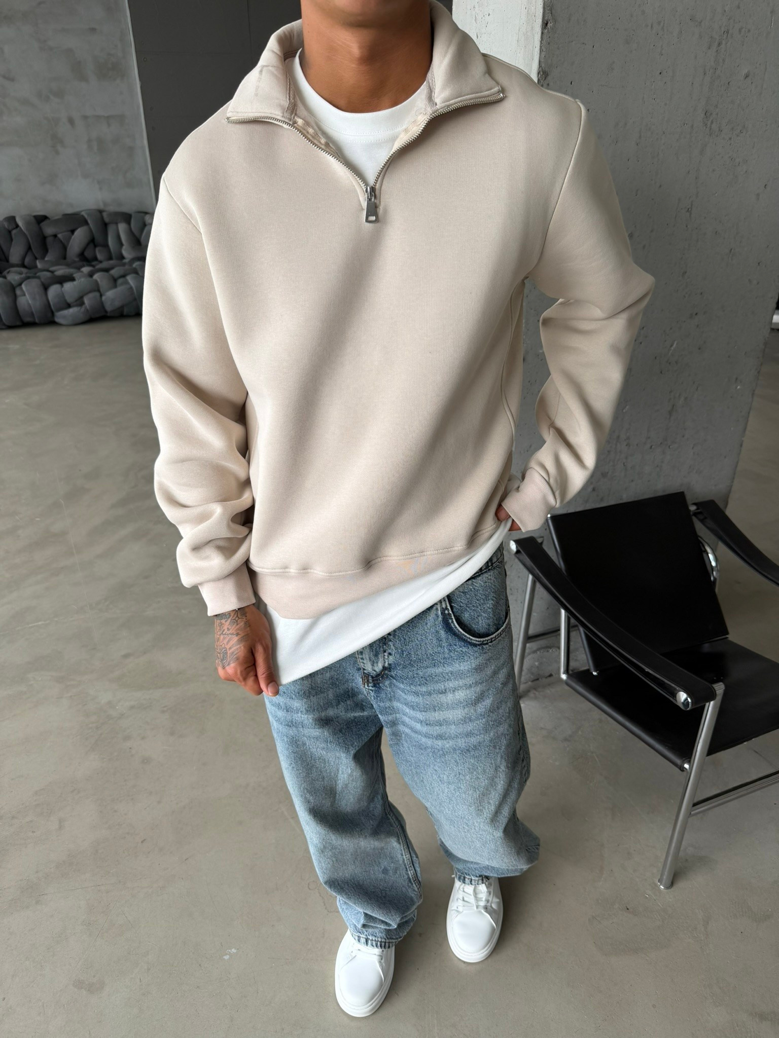 Düz Basic Yarım Fermuarlı Zip Sweat -  Bej