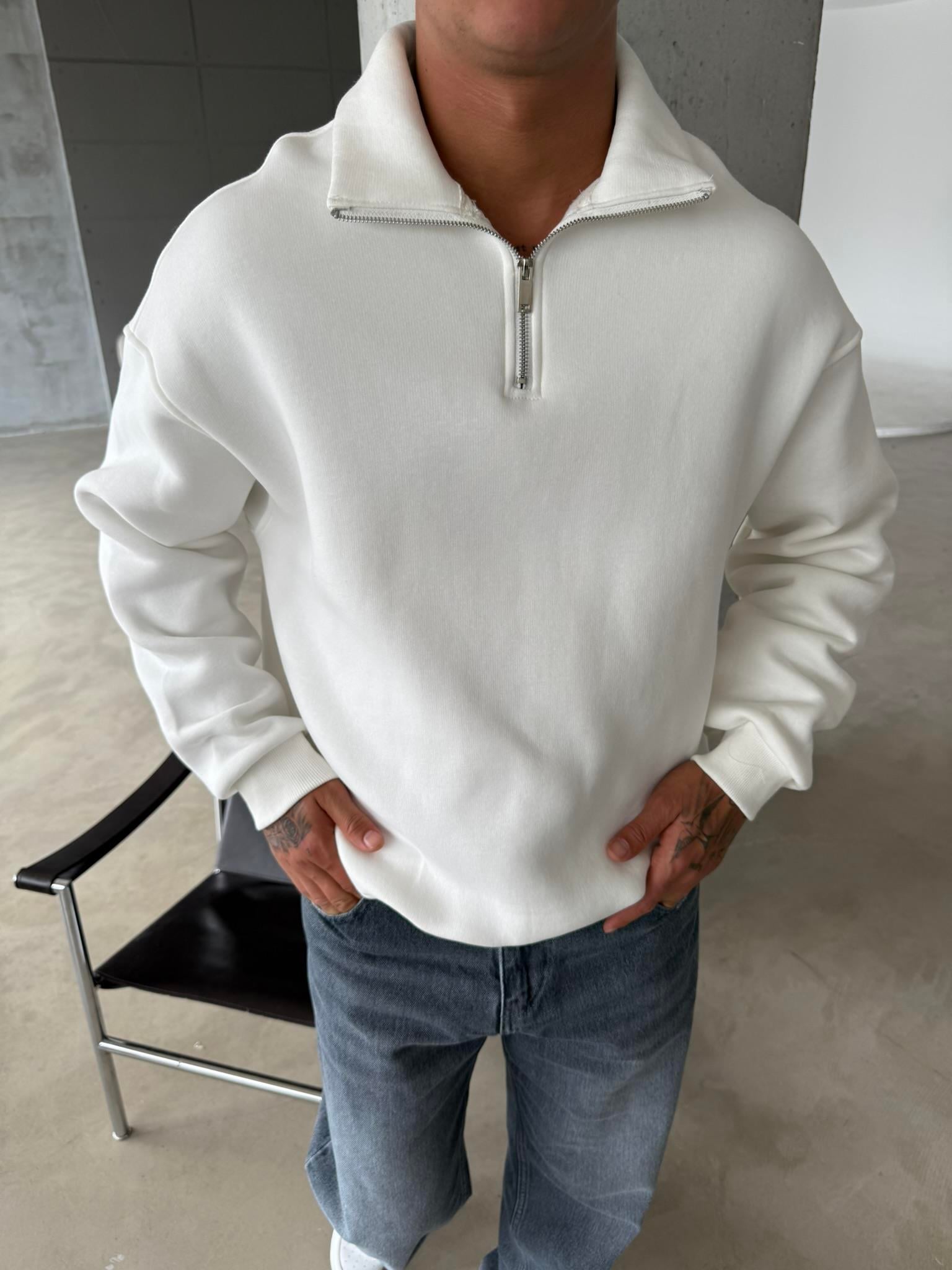 Düz Basic Yarım Fermuarlı Zip Sweat - Beyaz